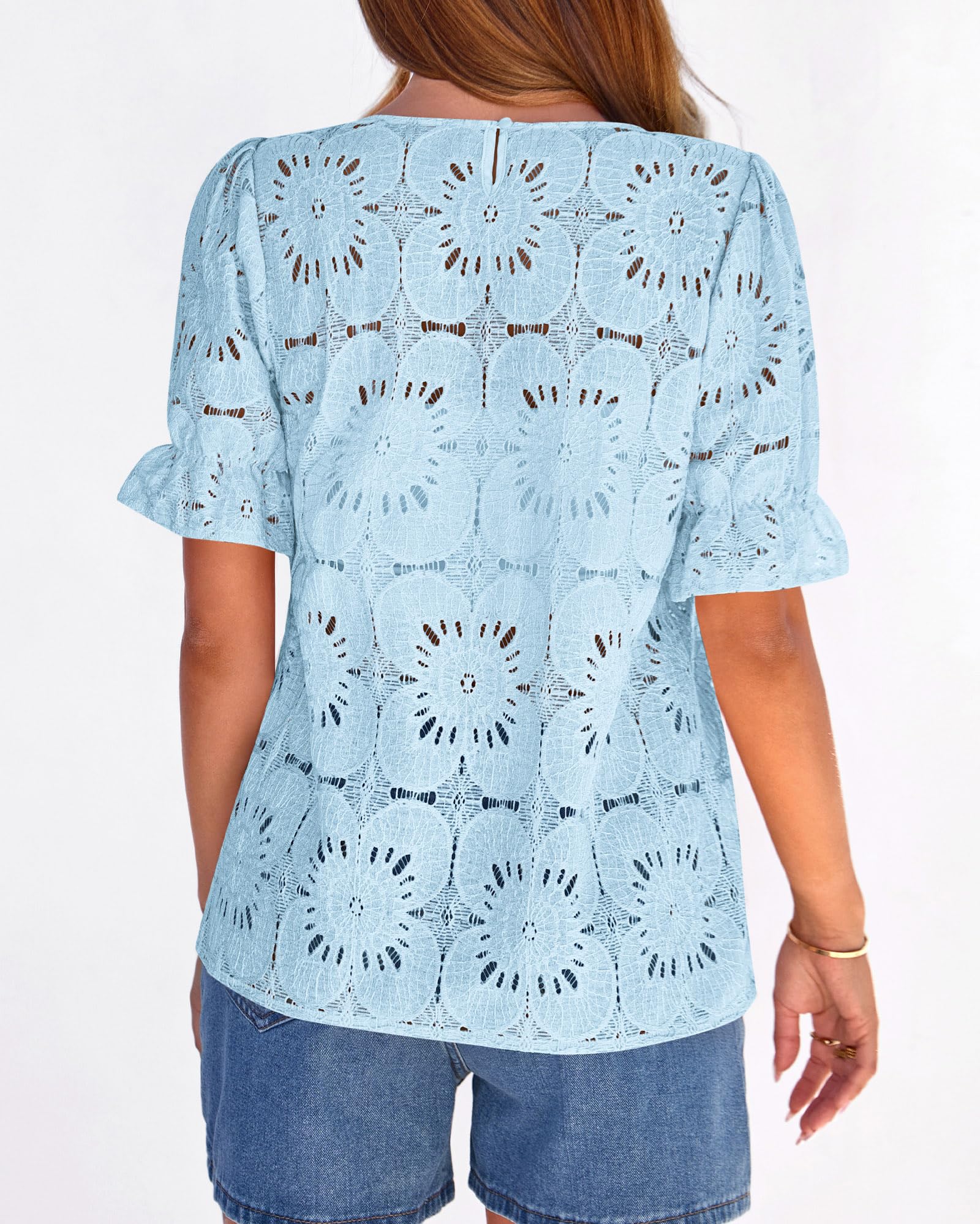 FreshPretty Lace Tops for Women Blouses Dressy Casual Boho Eyelet Puff Short Sleeve Shirts Spring Summer Clothes Vacation Outfits
