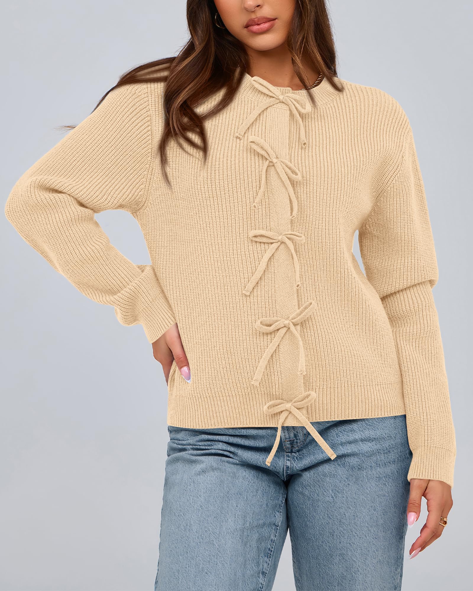 BTFBM Bow Cropped Cardigan Sweaters for Women Fall Winter Open Front Sweater Long Sleeve Button Fashion Spring Clothes