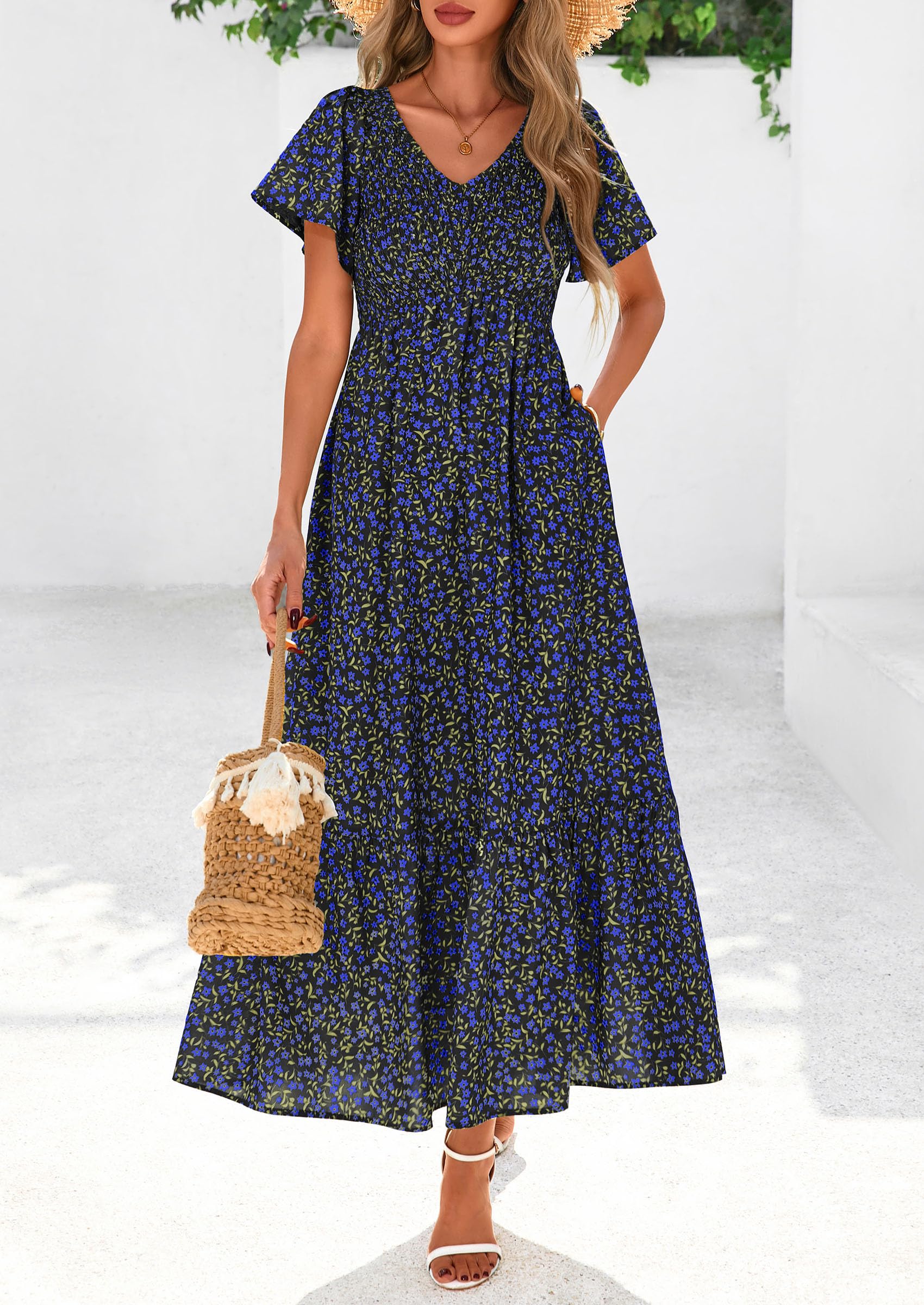 PRETTYGARDEN Boho Dresses for Women Summer Floral Short Sleeve V Neck Smocked Flowy Beach Vacation Maxi Dress