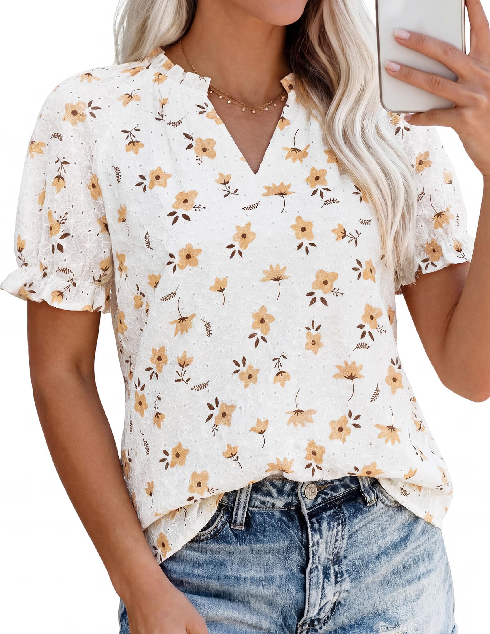 PRETTYGARDEN Summer Short Sleeve V Neck Shirts for Women Trendy Floral Print Loose Ruffle Tops Business Casual Blouses