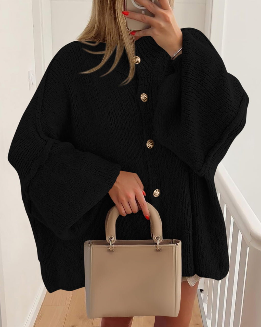 FreshPretty Cardigan Sweaters for Women Fall Clothes Lantern Long Sleeve Button Open Front Chunky Knit Oversized Sweater