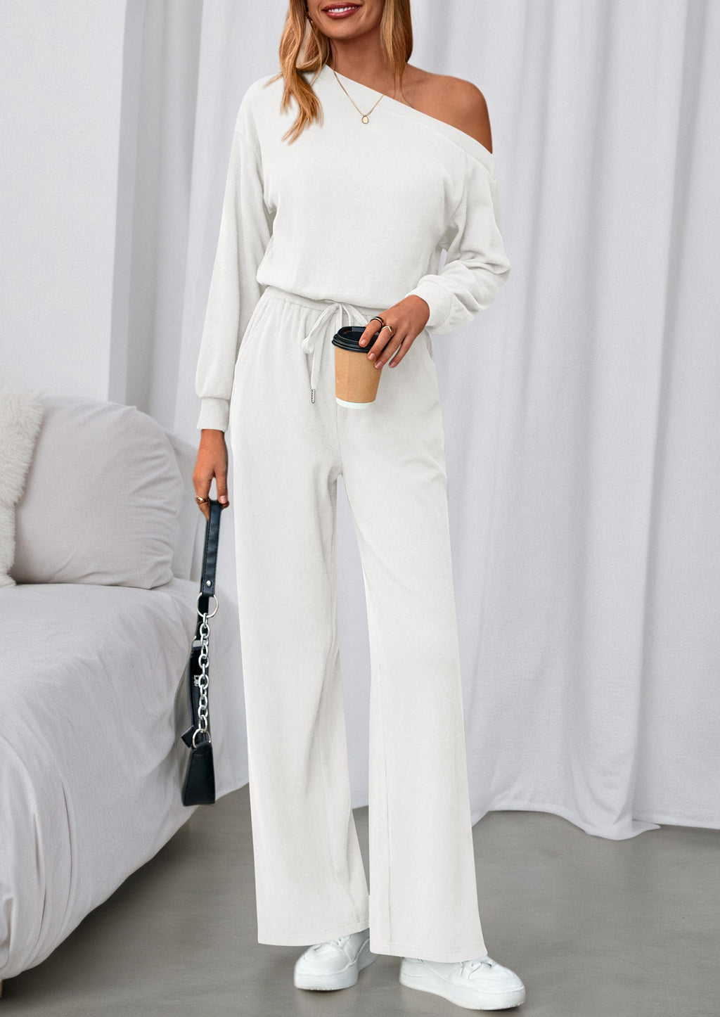 PRETTYGARDEN Long Sleeve Jumpsuit For Women Dressy Off Shoulder One Piece Loose Wide Leg Jumpsuits Casual Flowy Romper