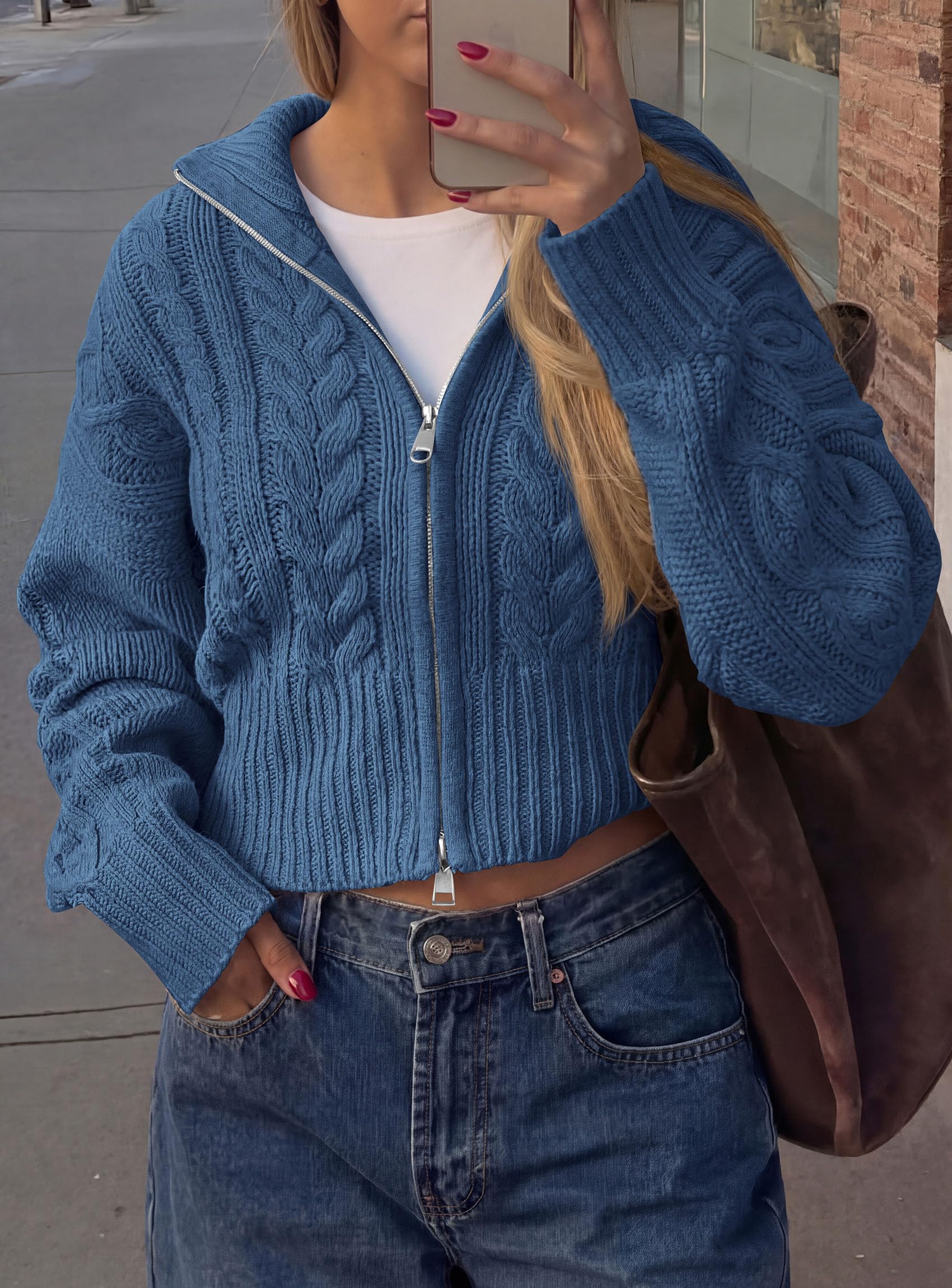 PRETTYGARDEN Women's Cable Knit Cropped Cardigan Sweaters Oversized Sweater, Long Sleeve Zip Up Jacket, Collared Neck, Ribbed Hem, Cozy Soft Casual Wear, Fall Clothes Winter Outerwear