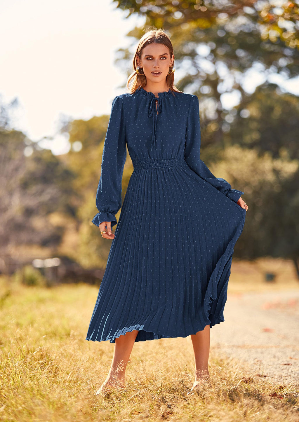 PRETTYGARDEN Women's Spring Fall Midi Dress Casual Long Sleeve V Neck Swiss Dot Pleated A Line Flowy Dresses