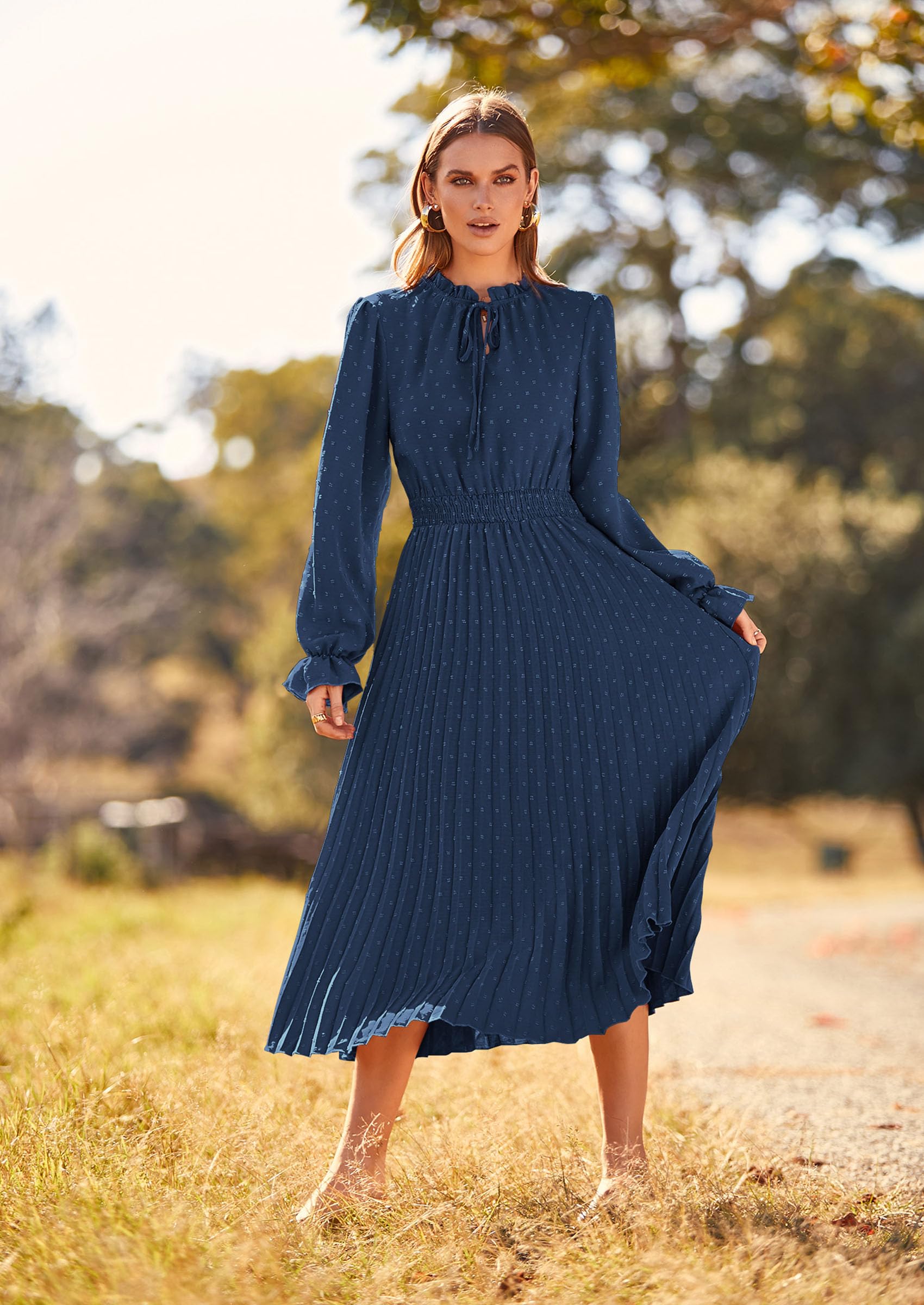 PRETTYGARDEN Women's Spring Fall Midi Dress Casual Long Sleeve V Neck Swiss Dot Pleated A Line Flowy Dresses