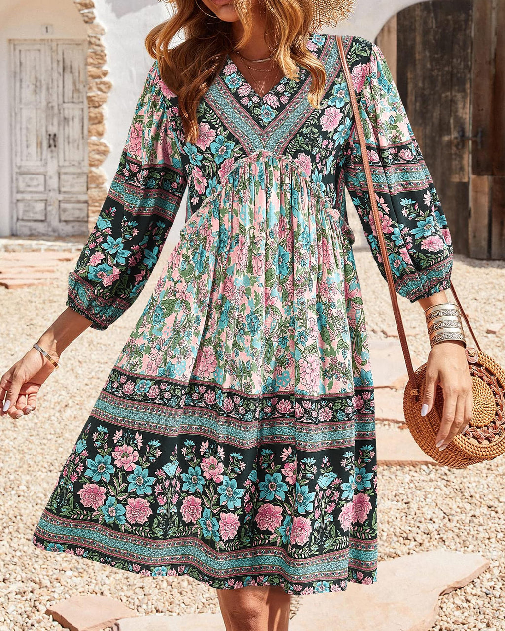 BTFBM Women Casual Spring Summer Dresses V Neck 3/4 Long Sleeve Ruffle Floral Flowy Boho Babydoll Mini Short Beach Dress