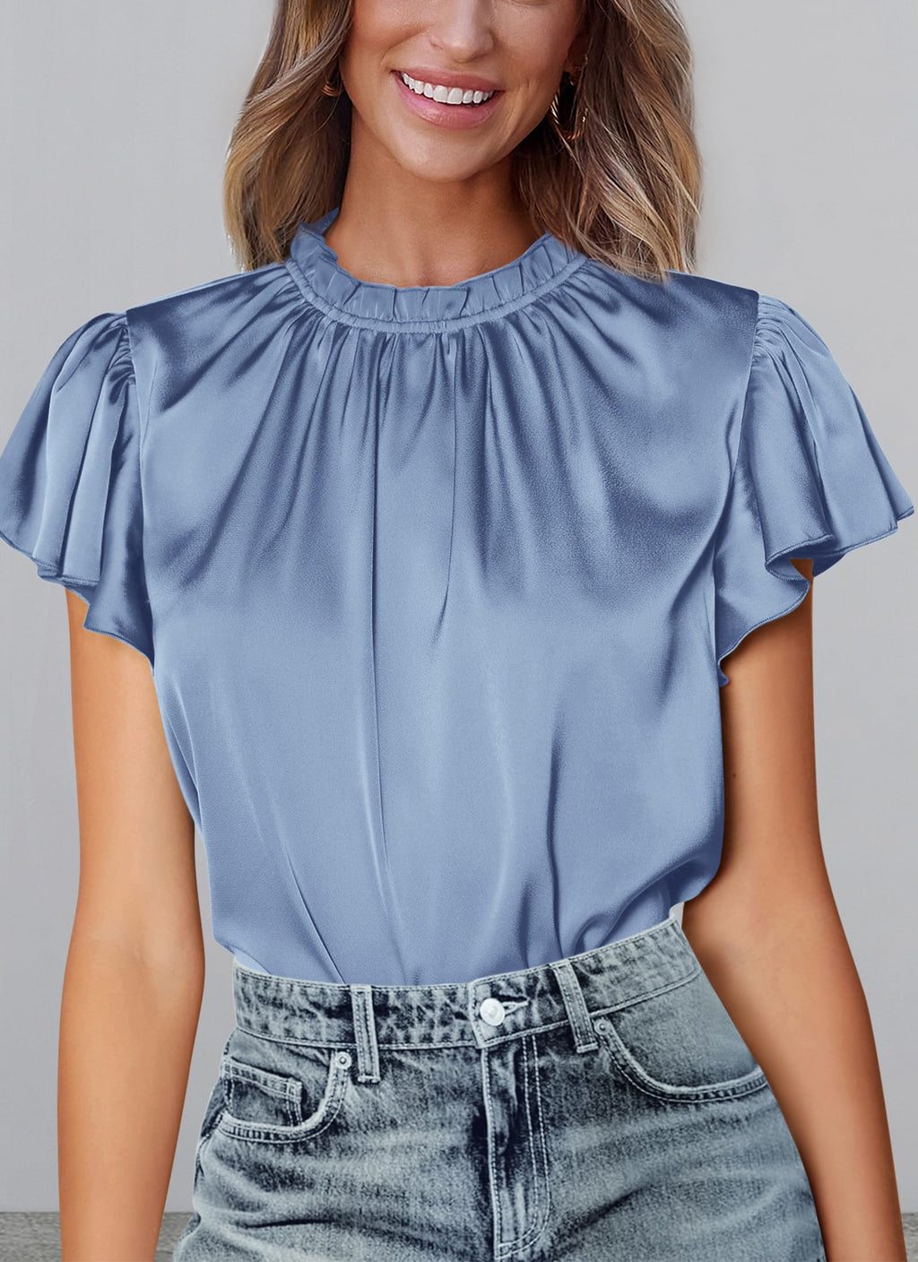 PRETTYGARDEN Business Casual Tops for Women Blouses Dressy  Summer Short Sleeve Ruffle Satin Work Office Attire