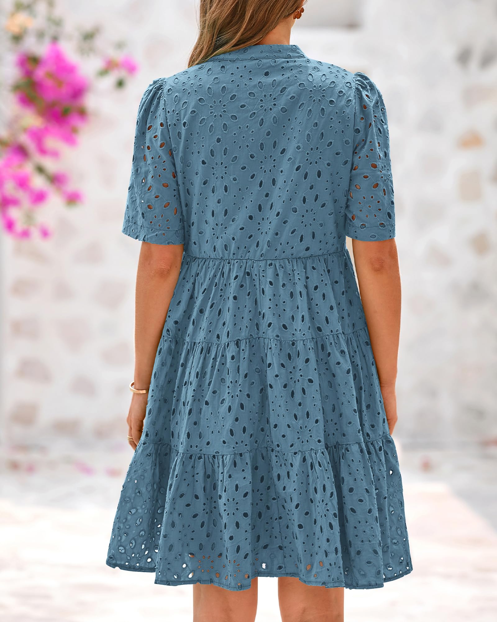 BTFBM Womens Boho Summer Dresses Spring V Neck Short Sleeve Hollow Out Lace Ruffle Casual Beach Mini Vacation Dress
