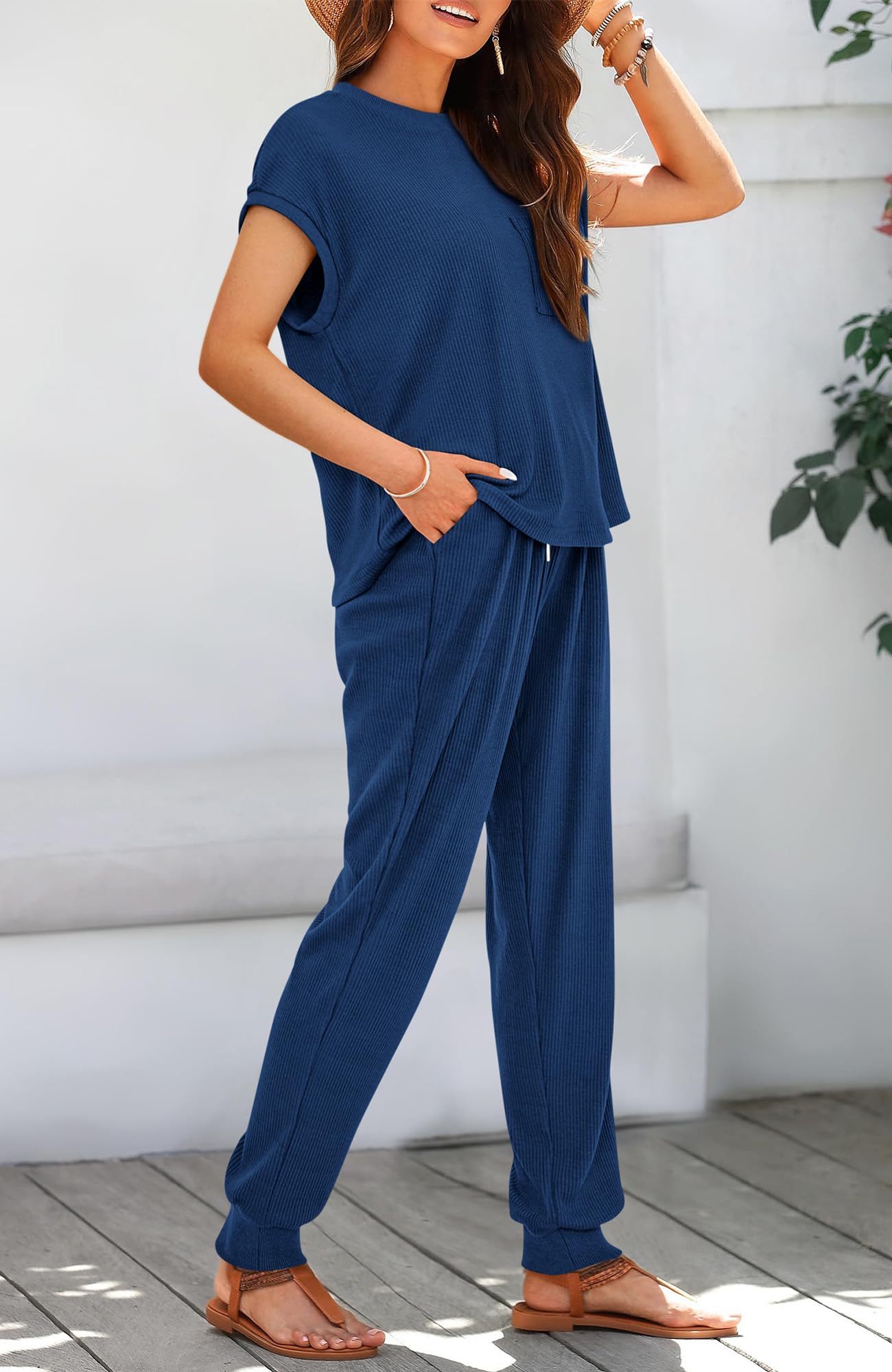 BTFBM Women's Two Piece Tracksuit Outfits Summer Short Sleeve Tops Long Pants Jogger Lounge Matching Sets Sweatsuit