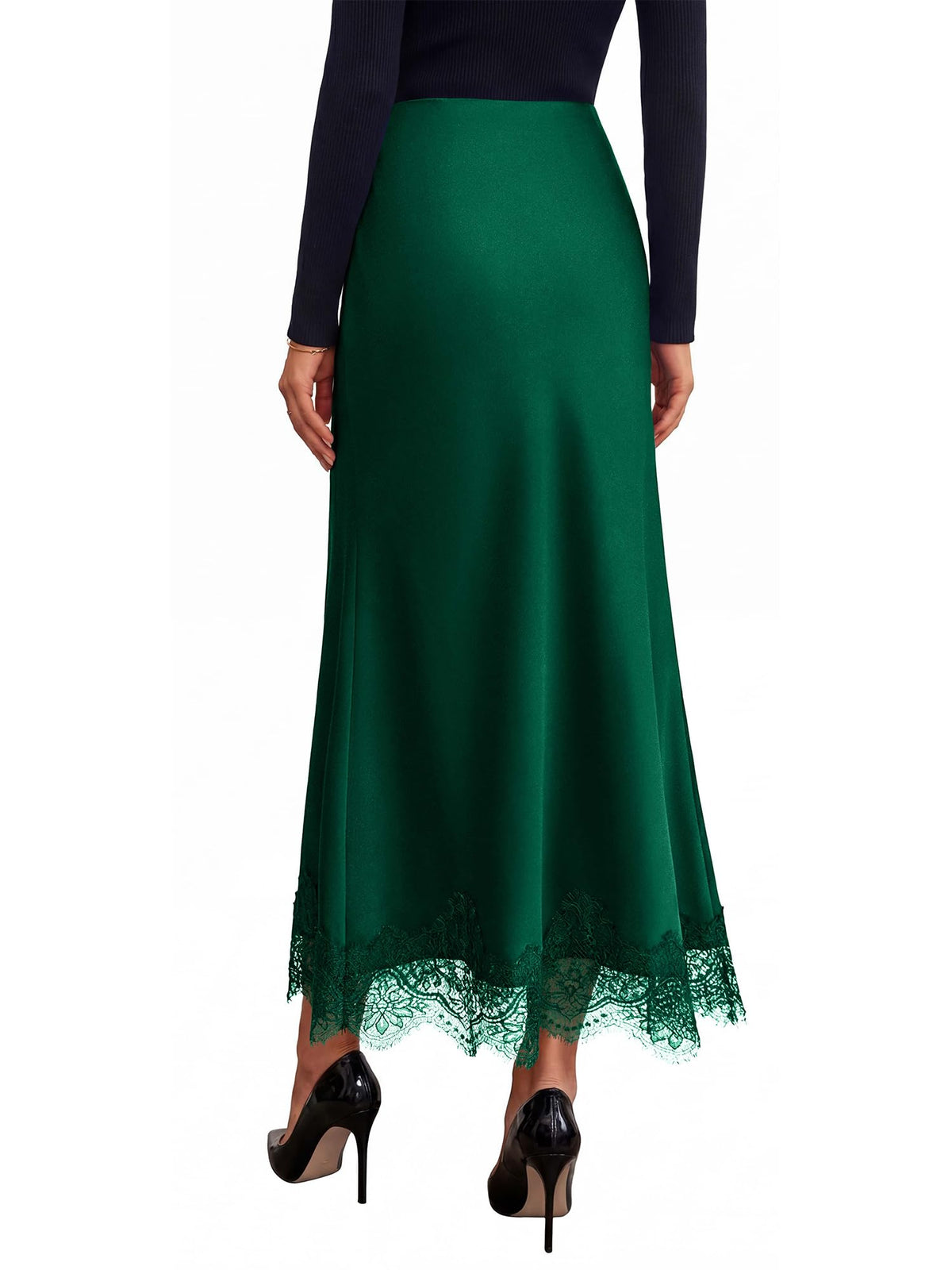 BTFBM Lace Trim Satin Skirts for Women Elegant | Lightweight, High Waist, A-Line, Flowy Maxi Skirt, Wedding, Cocktail, Graduation, Holiday Outfits, Fall Fashion Clothing