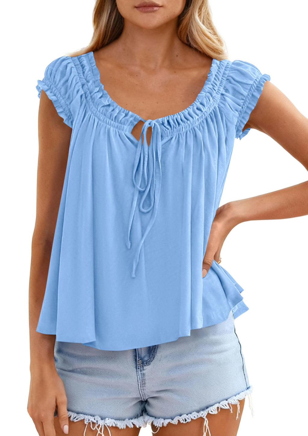 PRETTYGARDEN Women Babydoll Tops Summer Clothes Cap Sleeve Tie Front Flowy Tank Top Peplum Blouses Cute Going Out Shirts
