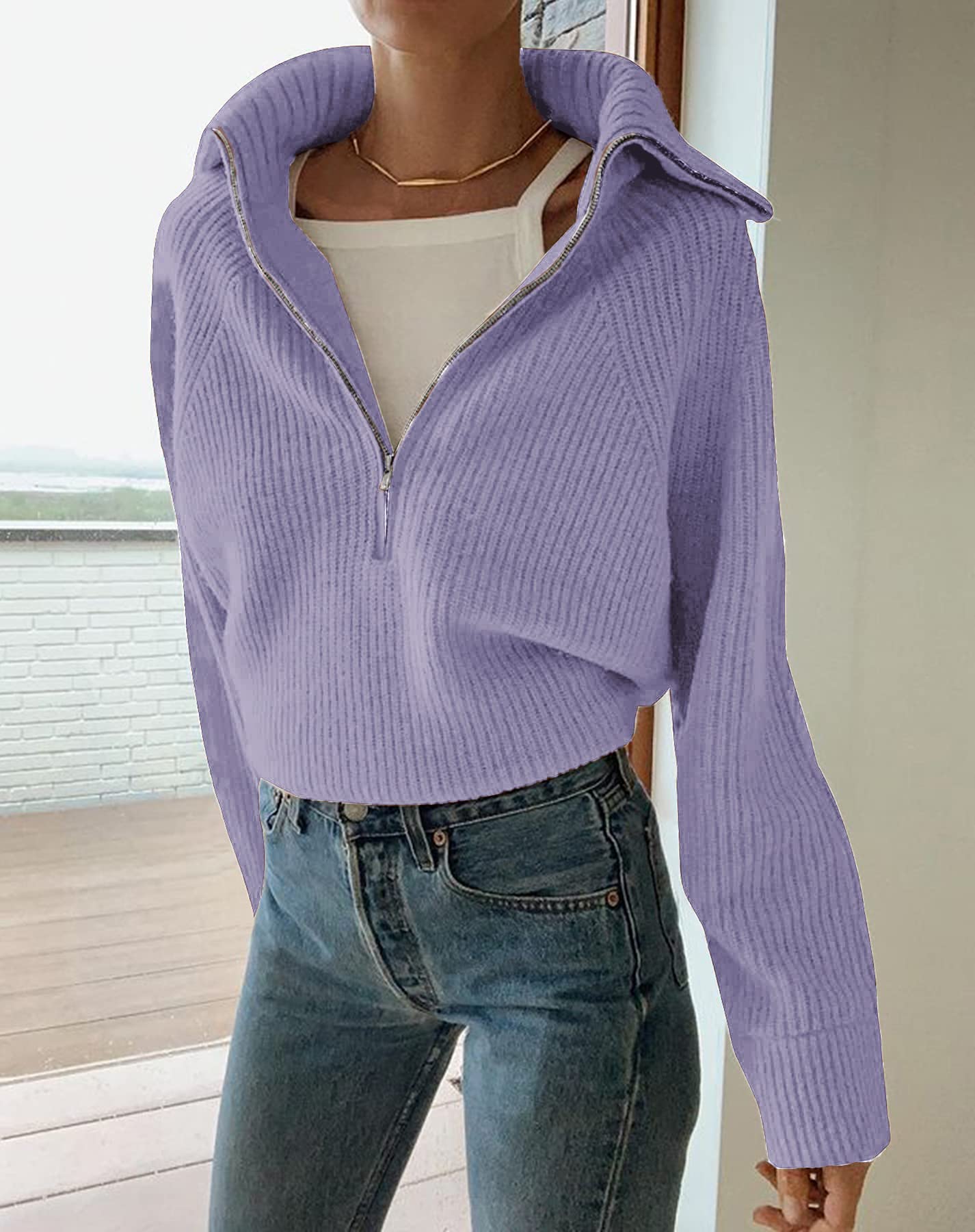 BTFBM Womens Sweaters Quarter Zip Pullover V Neck Collar Long Sleeve Ribbed Knit Loose Casual Winter Fall Sweater
