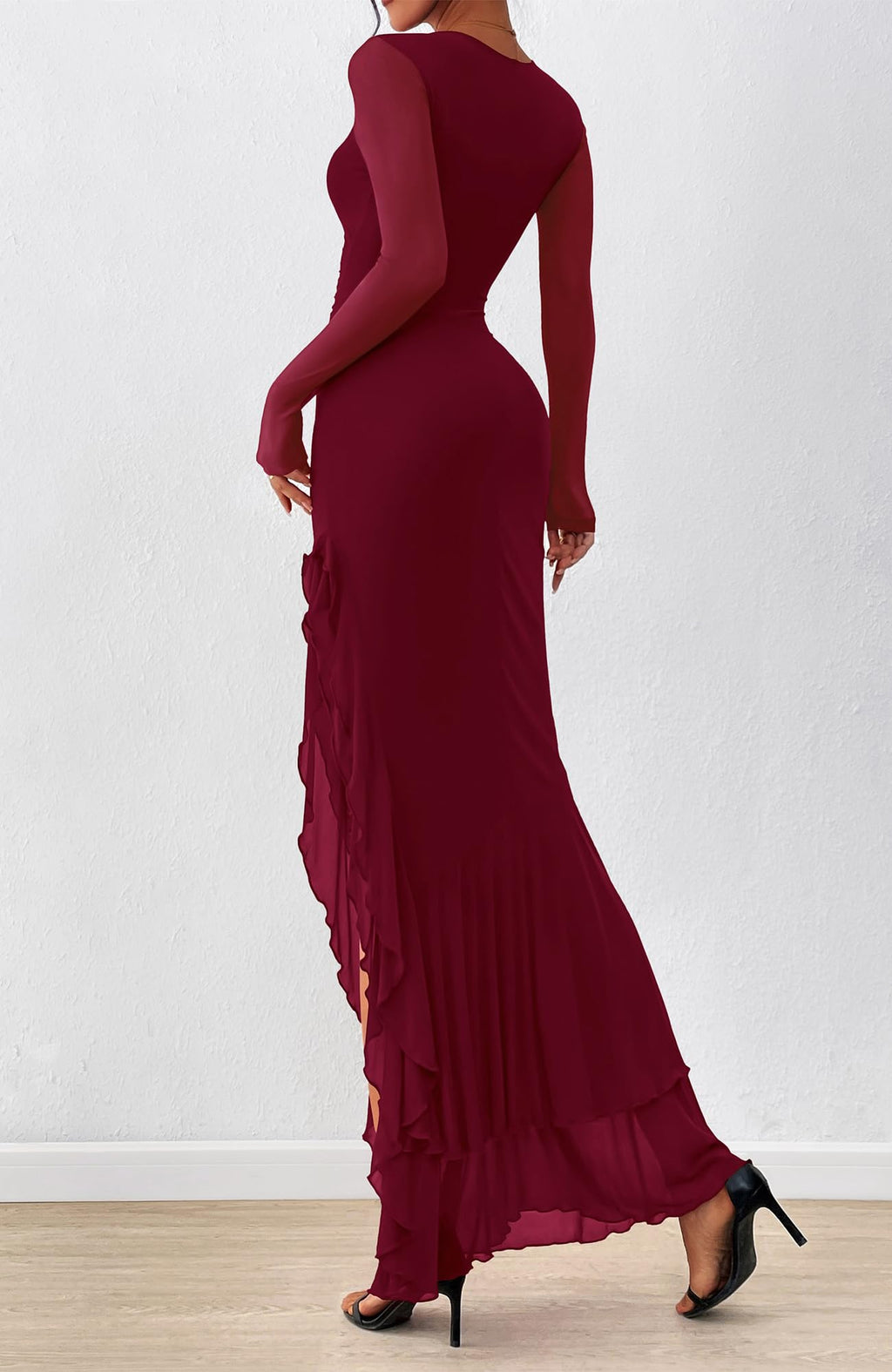 BTFBM Women's Maxi Dresses Fall Long Sleeve Wedding Guest Dress Mesh,Ruched,Bodycon,High Split,Solid Color,Ruffle, Mermaid,Cocktail Dresses,Prom,Party,Homecoming Dress,Fall Outfits