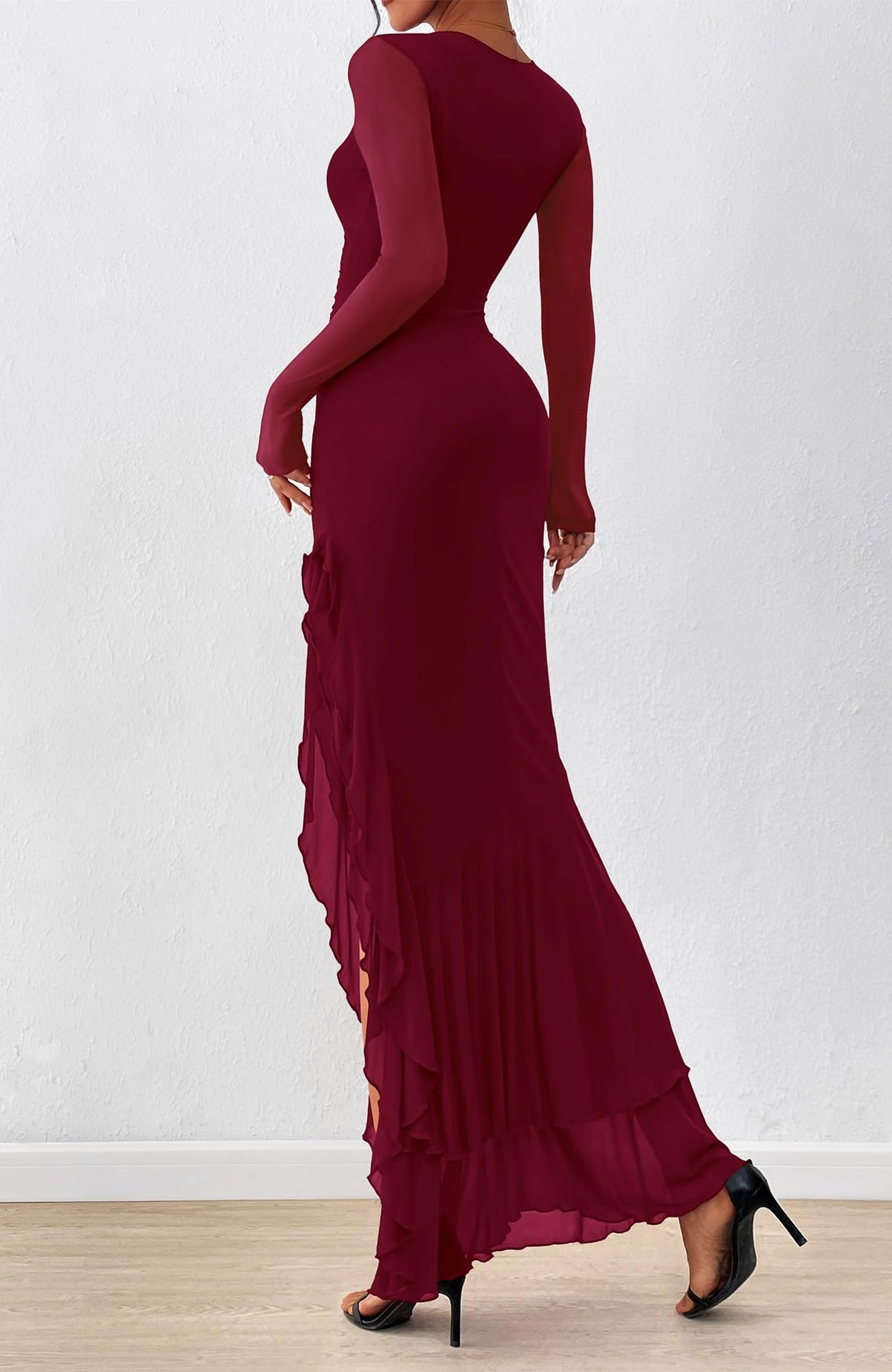 BTFBM Women's Maxi Dresses Fall Long Sleeve Wedding Guest Dress Mesh,Ruched,Bodycon,High Split,Solid Color,Ruffle, Mermaid,Cocktail Dresses,Prom,Party,Homecoming Dress,Fall Outfits