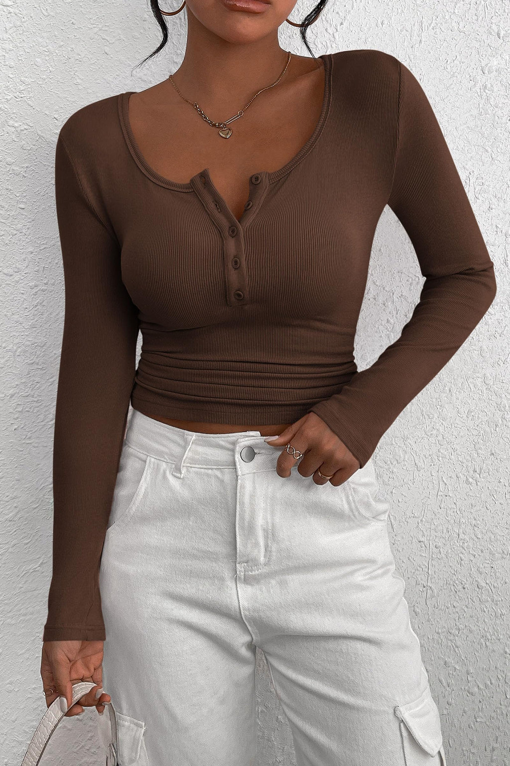 PRETTYGARDEN Women's Fall Long Sleeve Henley T Shirts Button Ribbed Knit Slim Fit Basic Tops Blouse Casual Outfits