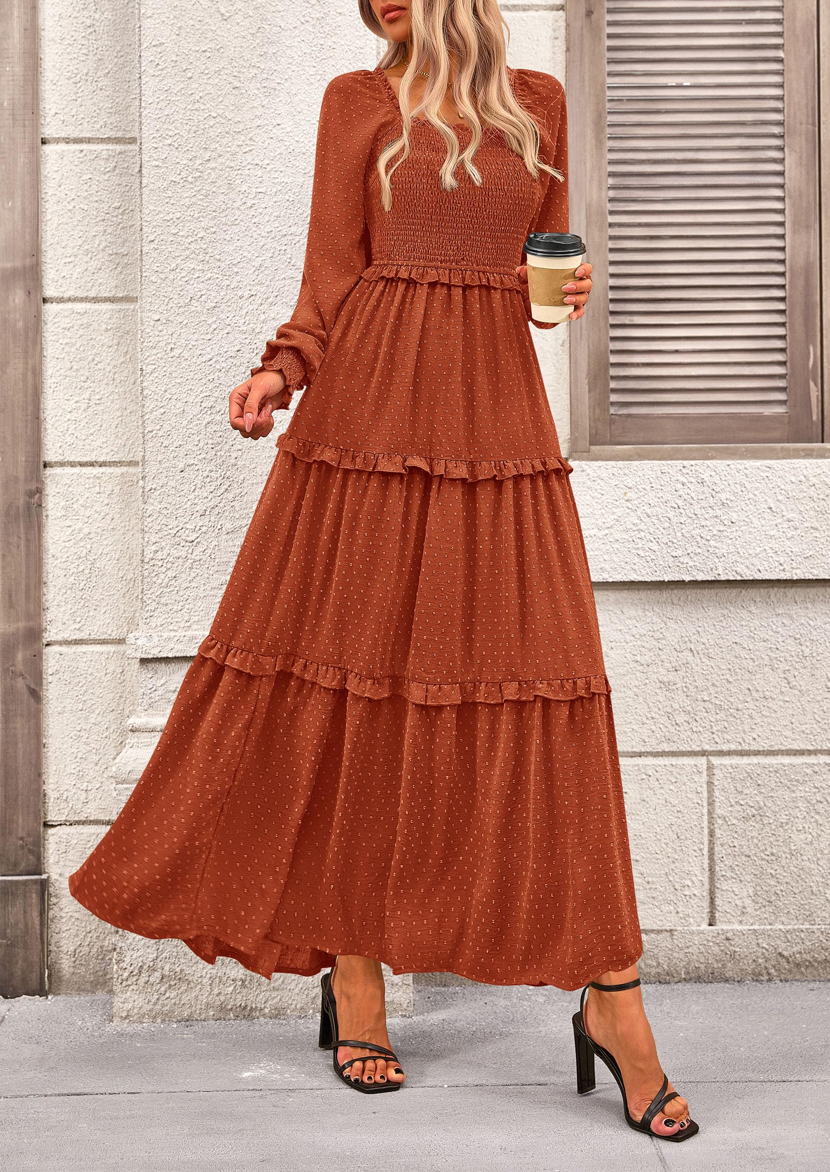 PRETTYGARDEN Fall Dresses for Women Long Sleeve Smocked Square Neck Swiss Dot Tiered Flowy Wedding Guest Maxi Dress