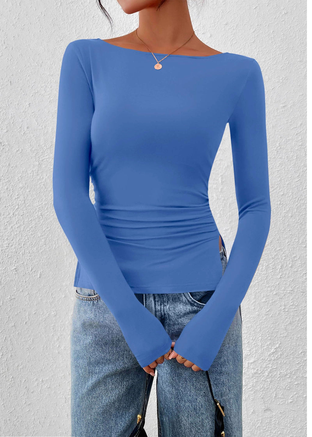 FreshPretty Long Sleeve Shirts for Women Fall Casual Boat Neck Knit Workout Going Out Tops Fitted Side Slit Basic Tees