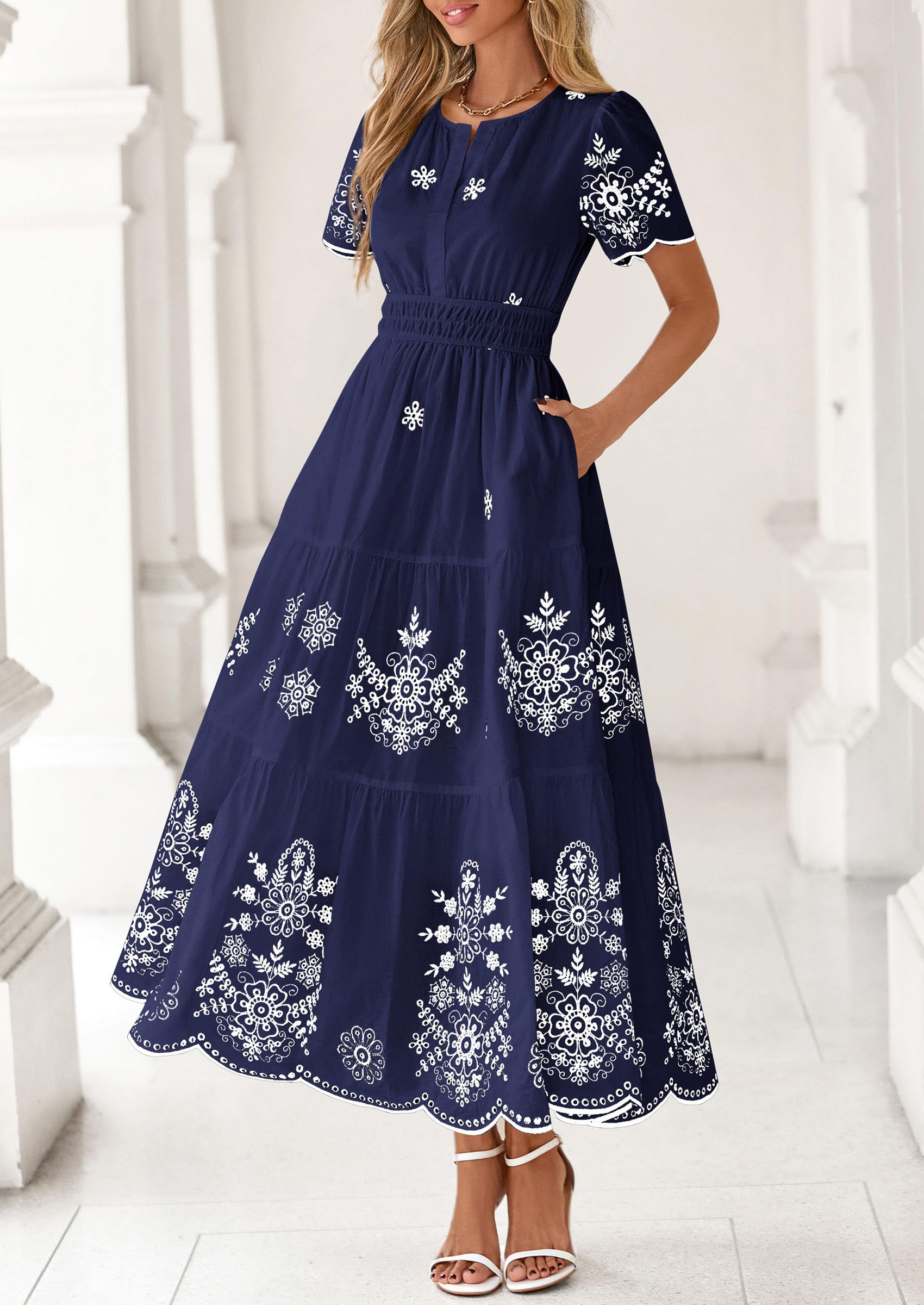 PRETTYGARDEN Boho Dresses for Women Summer Spring Casual Floral Short Sleeve V Neck Maxi Elastic Waist Dress Pockets