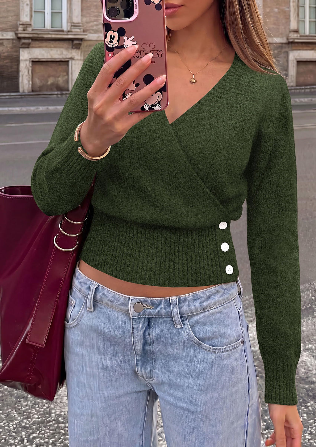 PRETTYGARDEN Women V Neck Wrap Sweater Cropped Tops，Fall Winter Fashion , Business Casual Outfits, Stretchy Soft knit, Wide Ribbed Hem with Side Buttons Pullover Sweaters