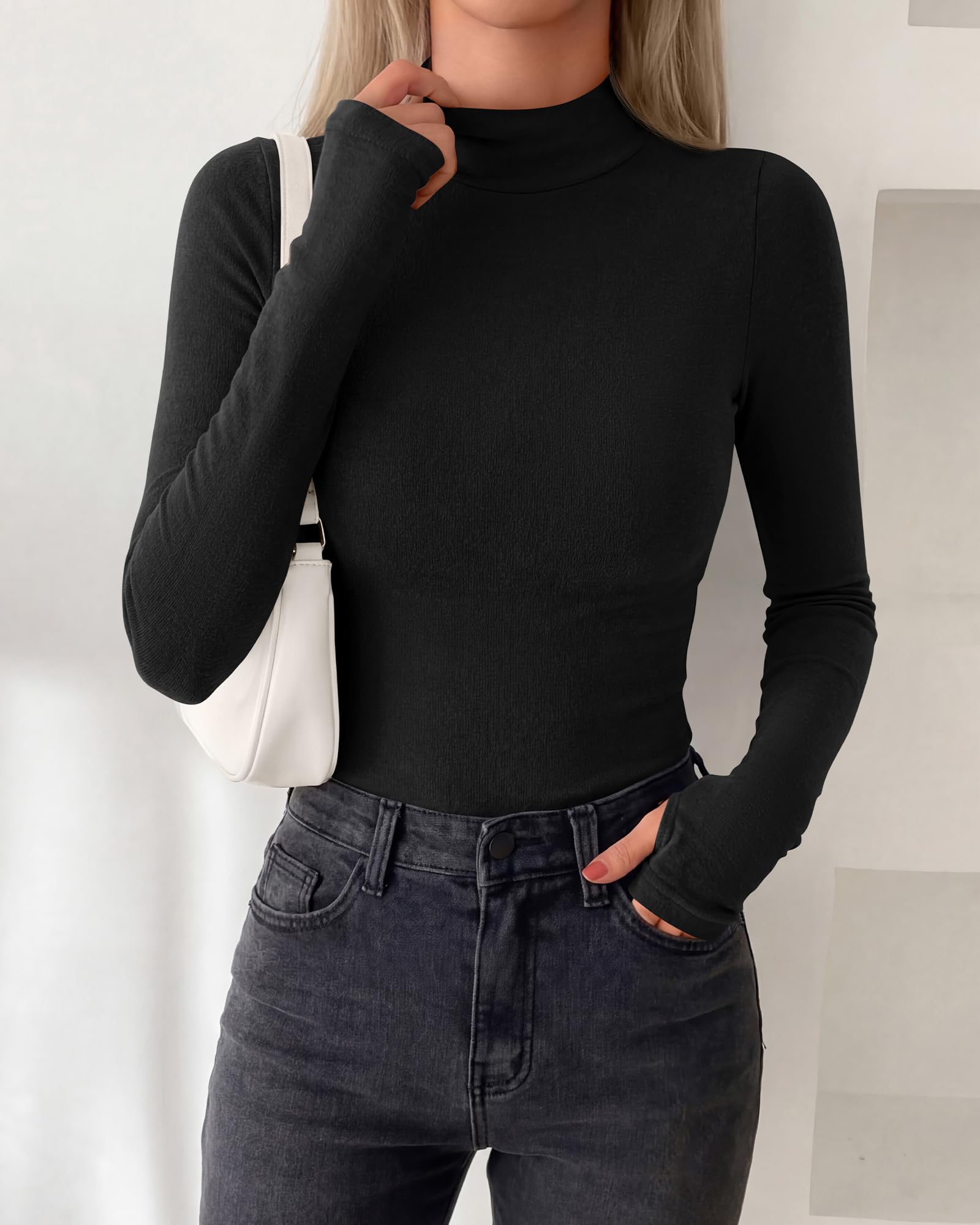 BTFBM Turtleneck Tops for Women Thumbhole Long Sleeve Shirts | Lightweight Fleece Lining, Casual Basic Layering Top, Slim Fit Stretch Winter Thermal Underwear, Fall Fashion Clothing