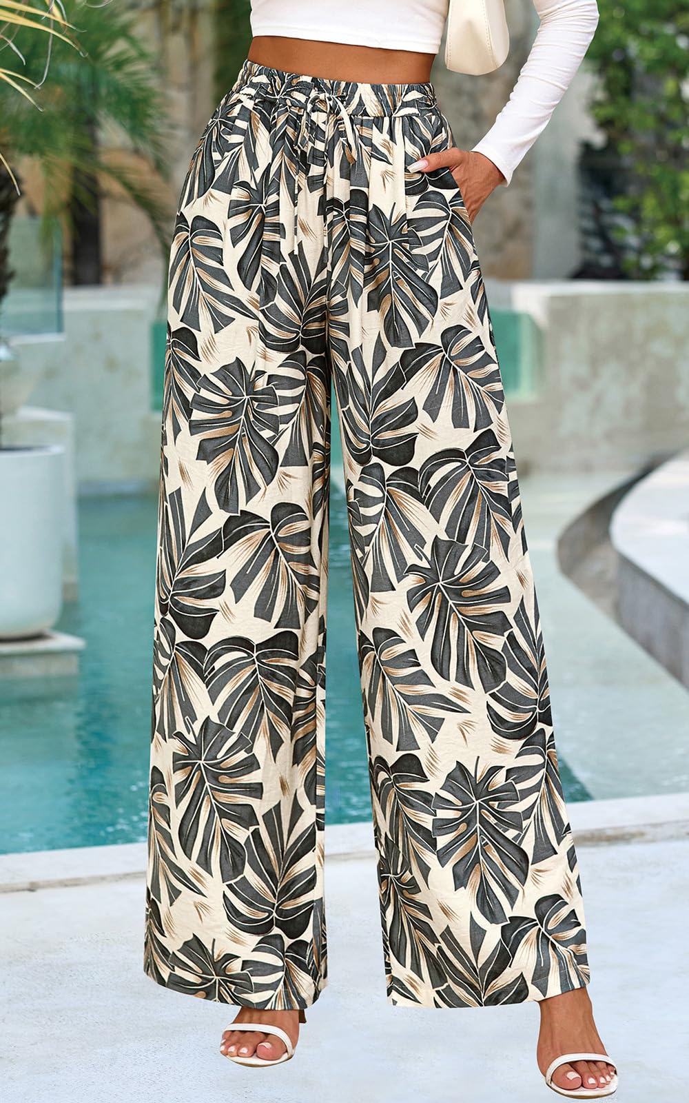 PRETTYGARDEN Womens Pants Elastic Waist Floral Lightweight Palazzo Pants for Women Casual Lounge Wide Leg Pants Woman