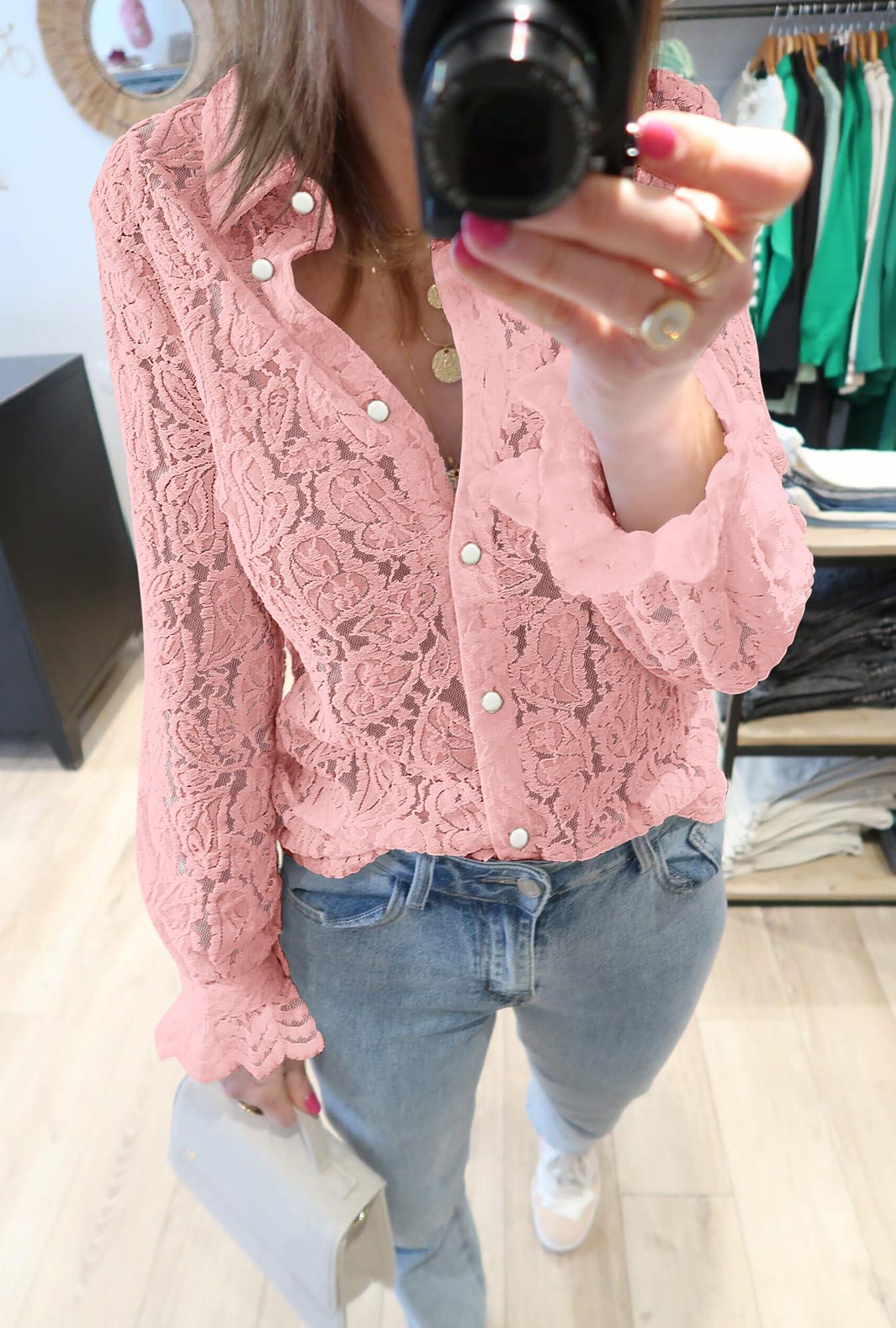 FreshPretty Long Sleeve Lace Blouses for Women Spring Dressy Casual Button Down Shirts Date Night Outfit Club Party Tops