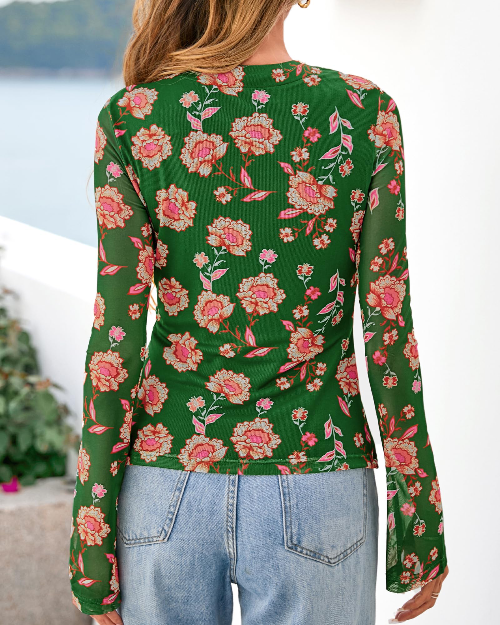 BTFBM Button Down Shirts for Women Spring Boho Tops V Neck Long Sleeve Blouses Ruched Mesh Fitted Fall Fashion