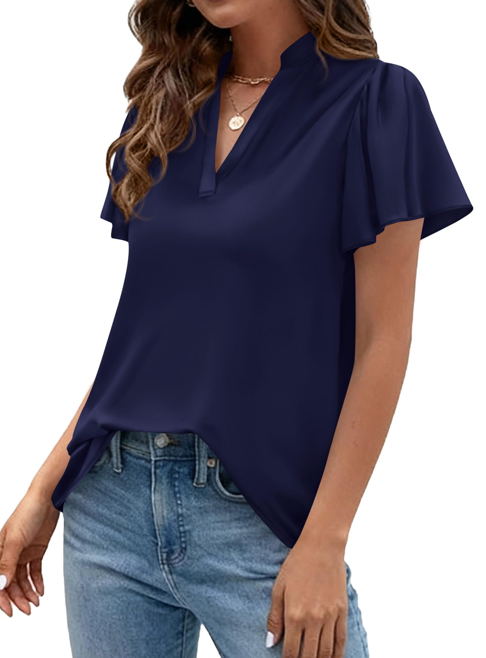 PRETTYGARDEN Women's Summer Satin Blouses Dressy Casual Ruffle Cap Sleeve V Neck Business Work Cute Tops Spring Outfits