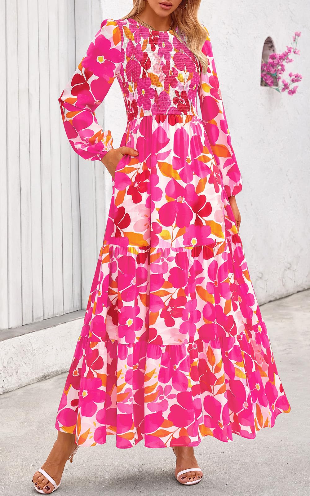 PRETTYGARDEN Women's Fall Dresses Long Sleeve Flowy Casual Floral Maxi Dress Crew Neck Smocked Tiered Long Dress