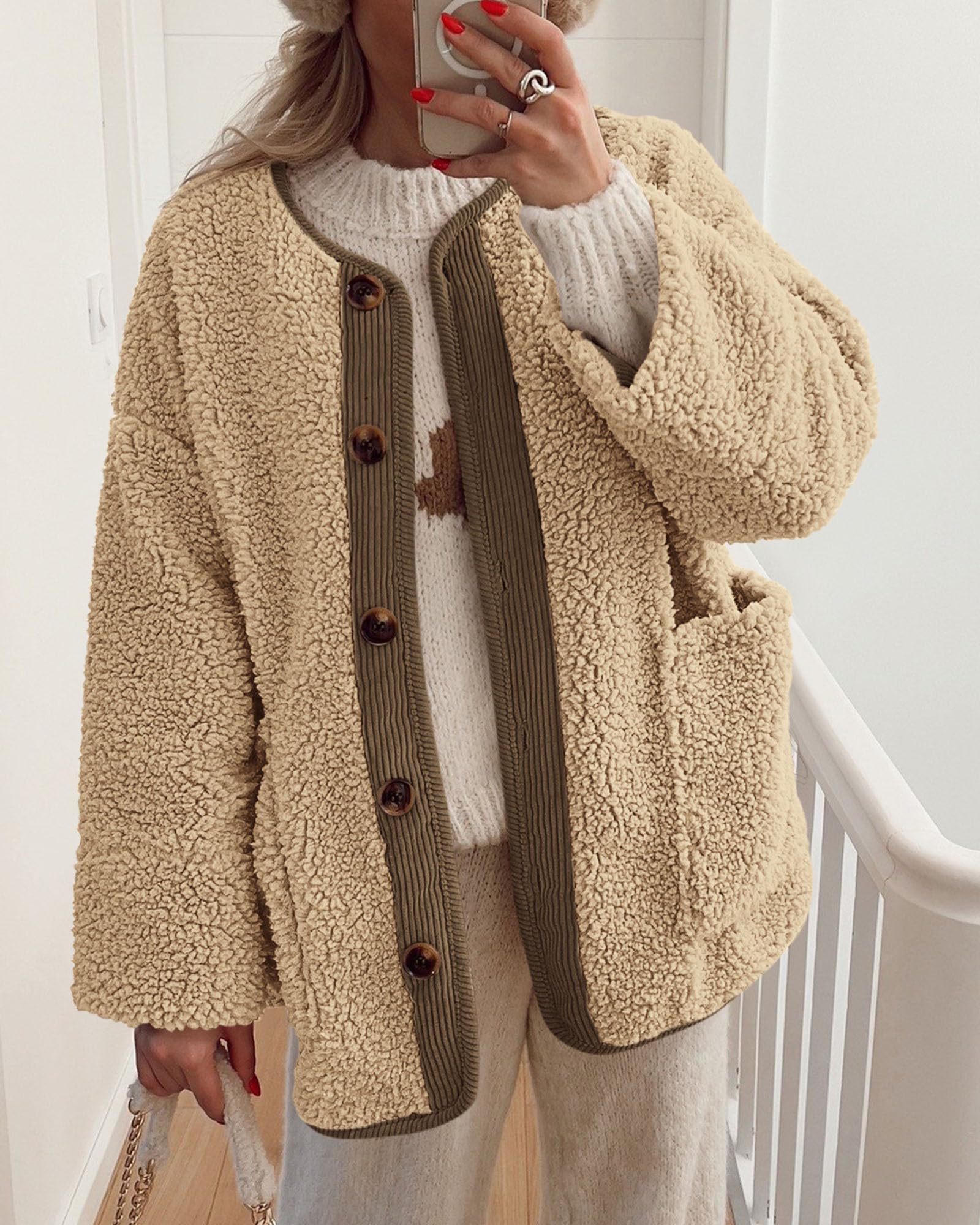PRETTYGARDEN Women's Winter Coats Long Sleeve Button up Fuzzy Sherpa Fleece Jackets Outerwear Fall Fashion Clothes
