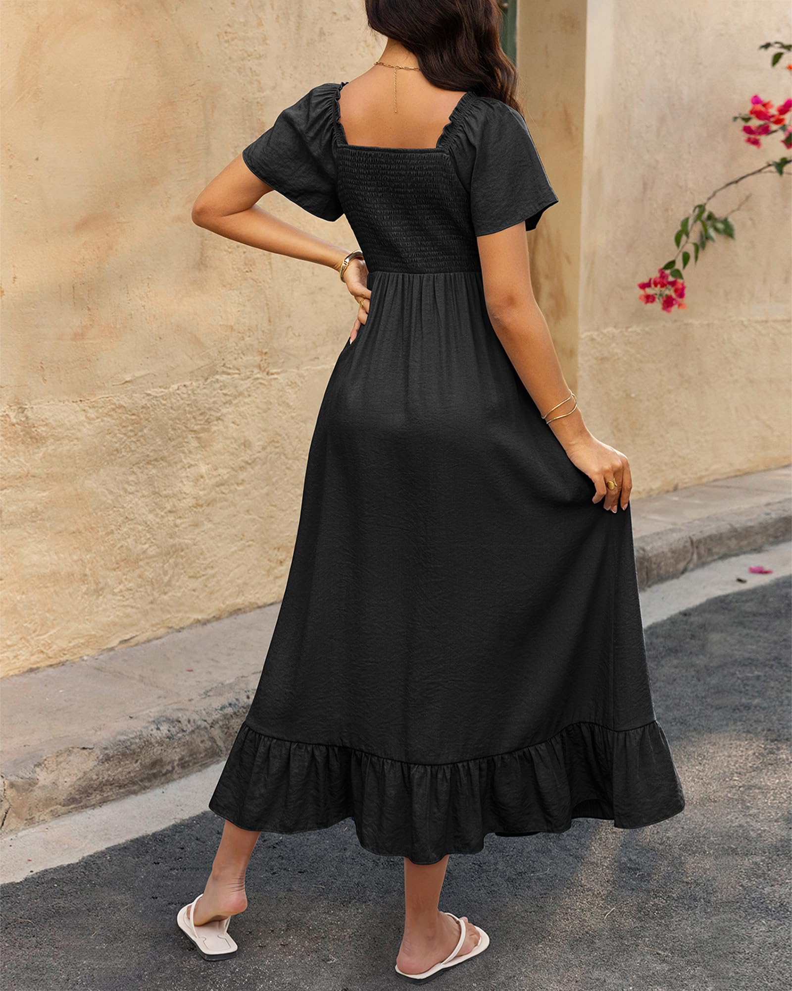 BTFBM Womens Spring Dresses Casual Short Sleeve V Neck Drawstring Wedding Guest Maxi Dresses Boho Beach Long Dress