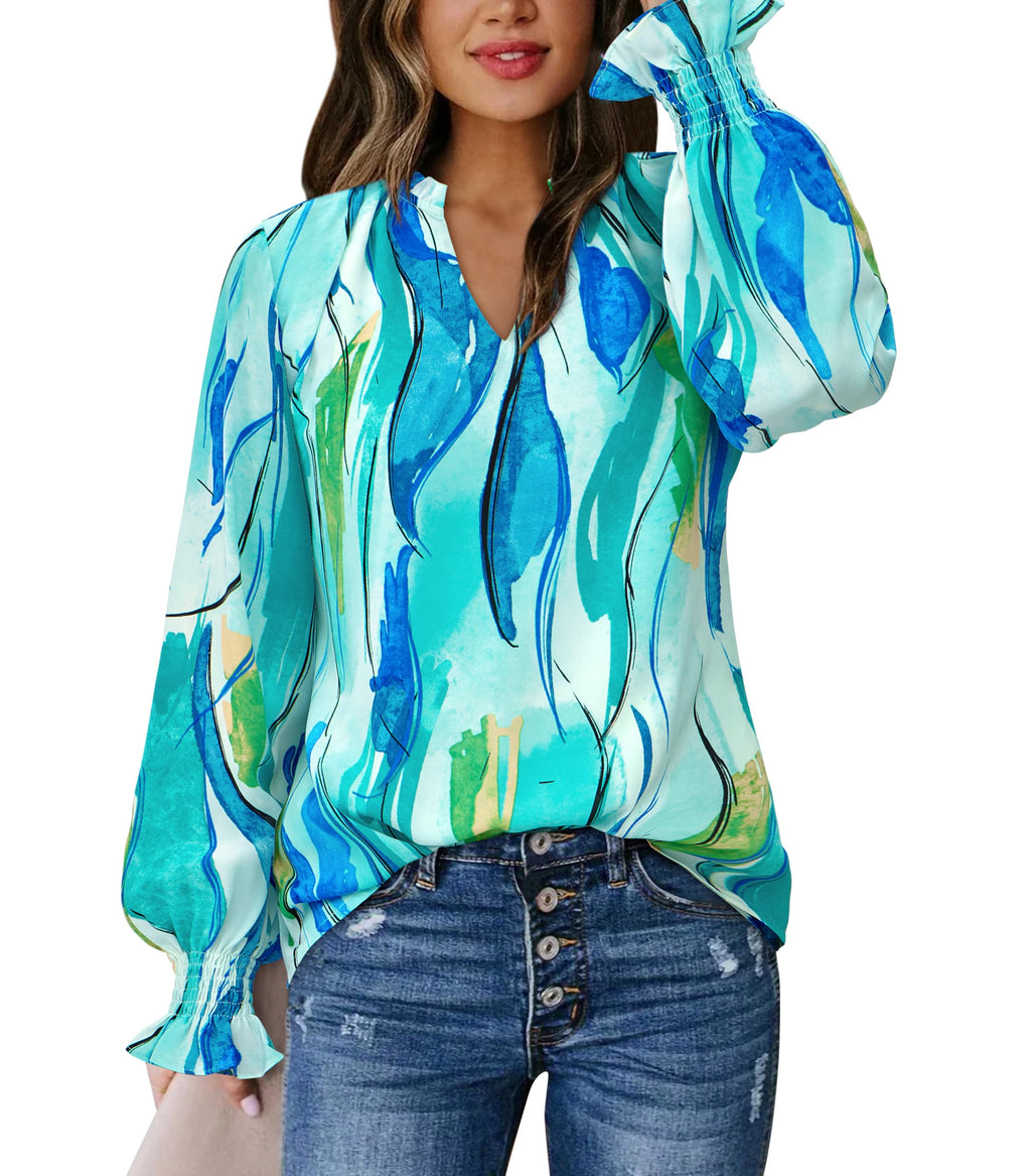 FreshPretty Womens V Neck Floral Long Sleeve Tops Summer Casual Loose Puff Sleeve Chiffon Boho Work Blouse Dressy T Shirts