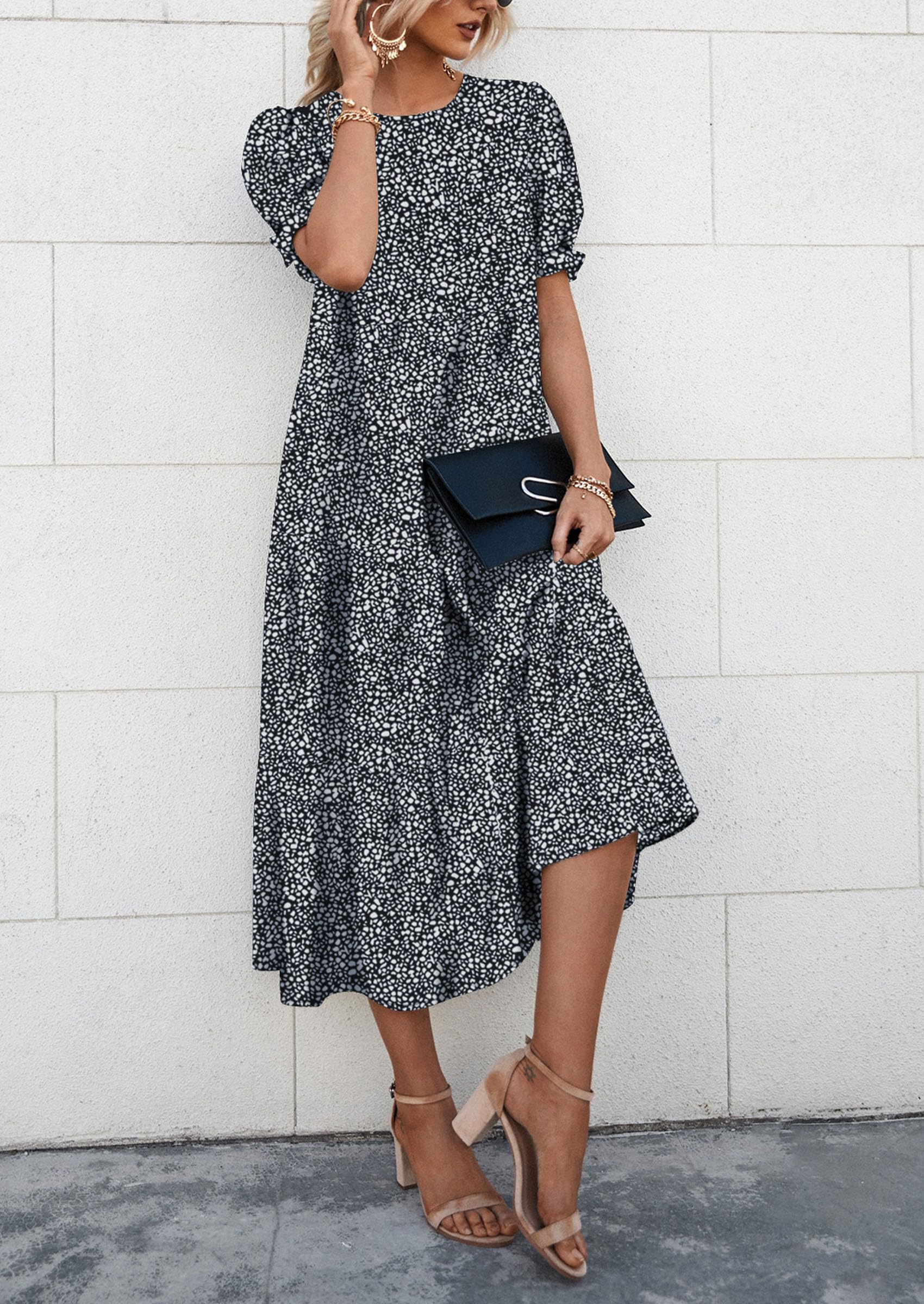 PRETTYGARDEN Summer Dresses for Women Casual Floral Boho Midi Sun Dress Puff Short Sleeve Flowy Beach Vacation Sundress