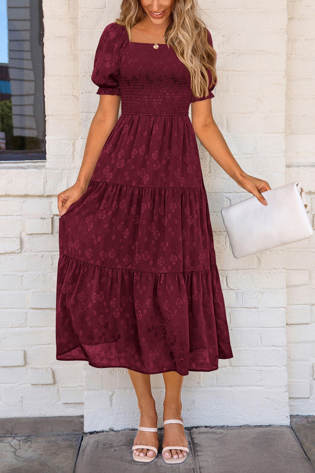 PRETTYGARDEN Women's Summer Casual Midi Dresses Square Neck Short Sleeve Smocked A Line Floral Flowy Elegant Boho Dress