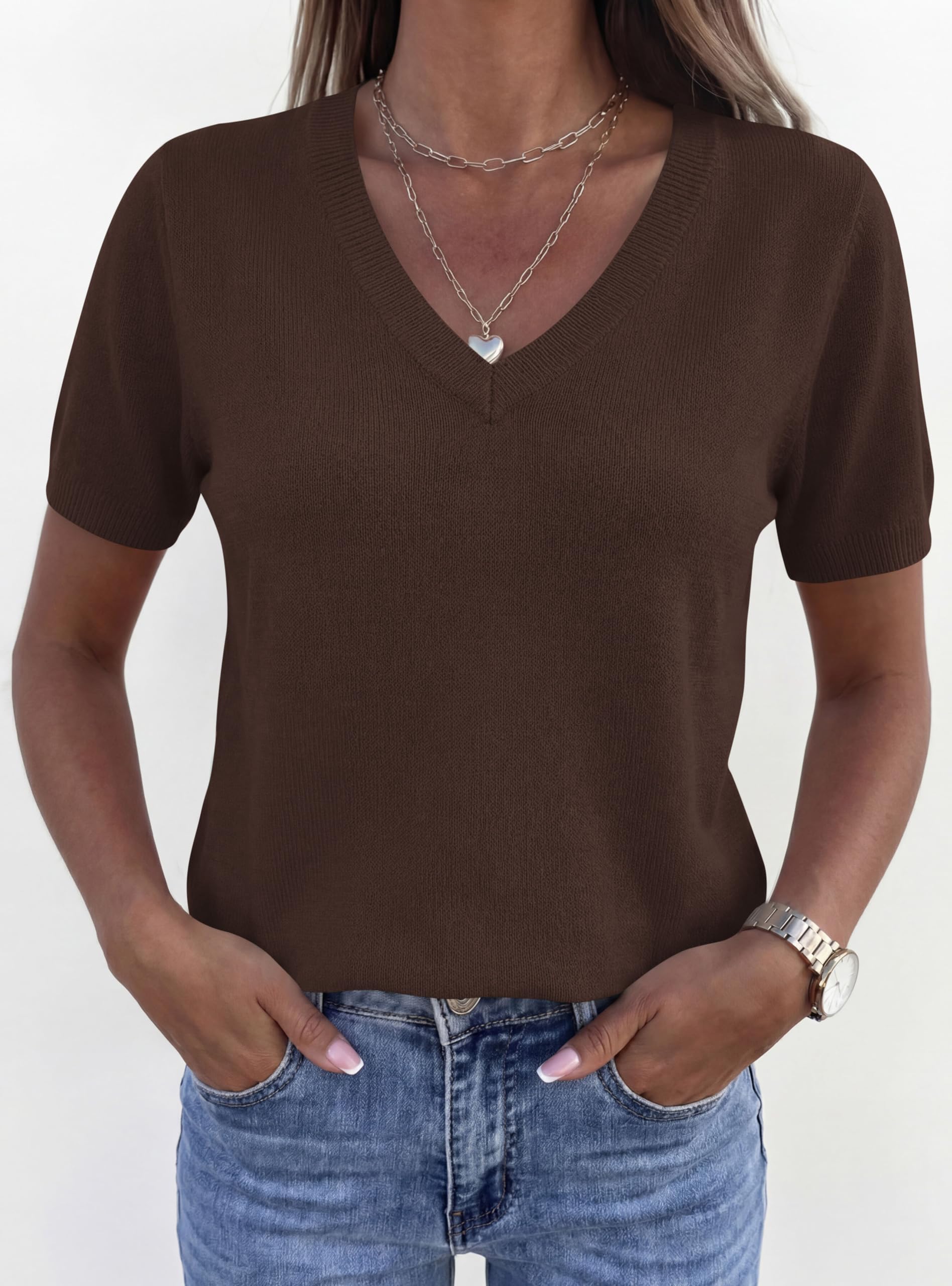 PRETTYGARDEN Womens Short Sleeve Sweater V Neck Trendy Pullover Tops Summer Spring Loose Lightweight Casual Blouse