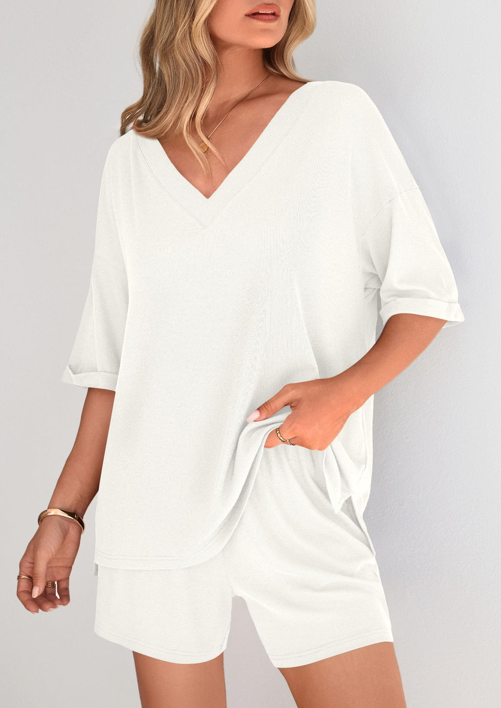 PRETTYGARDEN Womens 2 Piece Sets Summer Oversized Vneck Half Sleeve Tops Shorts Lounge Set Casual Travel Airport Outfits