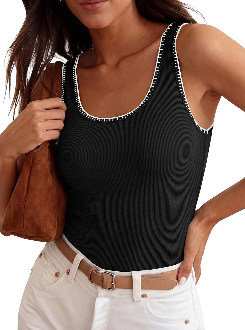 FreshPretty Sleeveless Tops for Women Summer Scoop Neck Tank Stitch Ribbed Knit Sweater Vest Casual Beach Vacation Outfit
