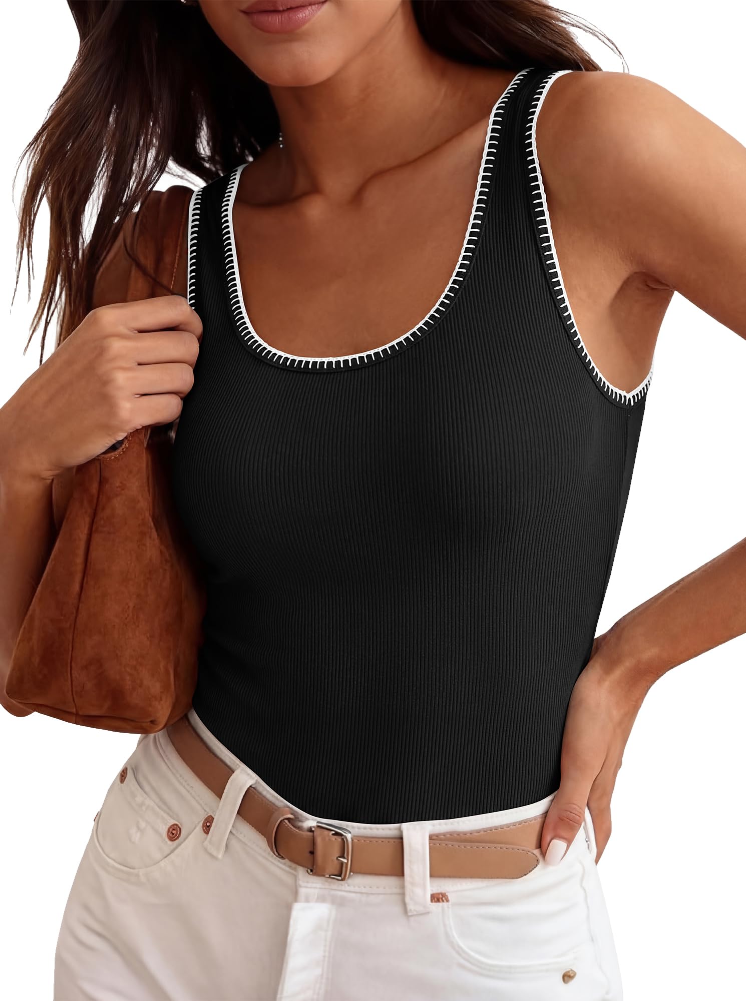 FreshPretty Sleeveless Tops for Women Summer Scoop Neck Tank Stitch Ribbed Knit Sweater Vest Casual Beach Vacation Outfit