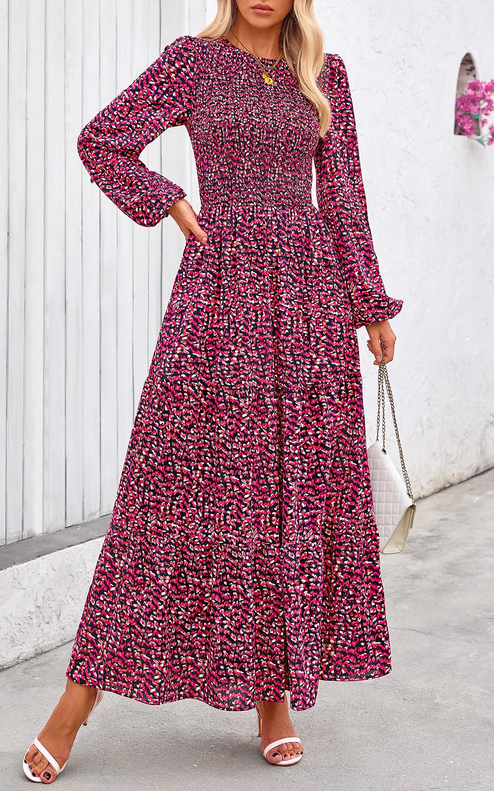 PRETTYGARDEN Women's Fall Dresses Long Sleeve Flowy Casual Floral Maxi Dress Crew Neck Smocked Tiered Long Dress