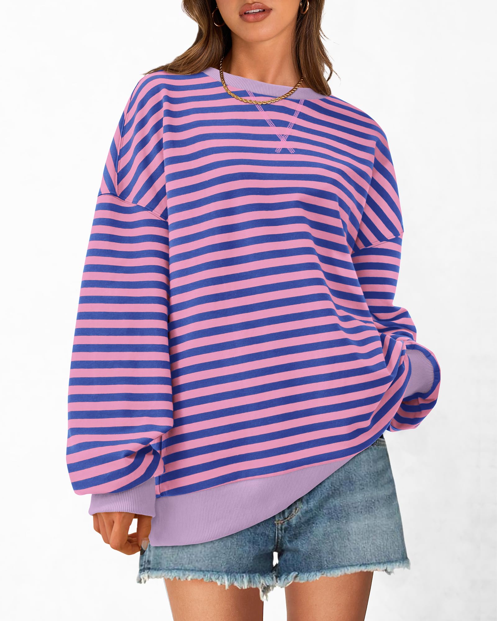 BTFBM Sweatshirt For Women Summer Crewneck Long Sleeve Oversized Striped Pullover Tops Y2K Clothes Workout Shirt