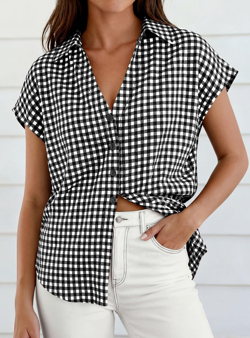 PRETTYGARDEN Womens Short Sleeve Shirts Plaid Button Down Blouse Dressy Casual Summer Spring Business Gingham Work Tops