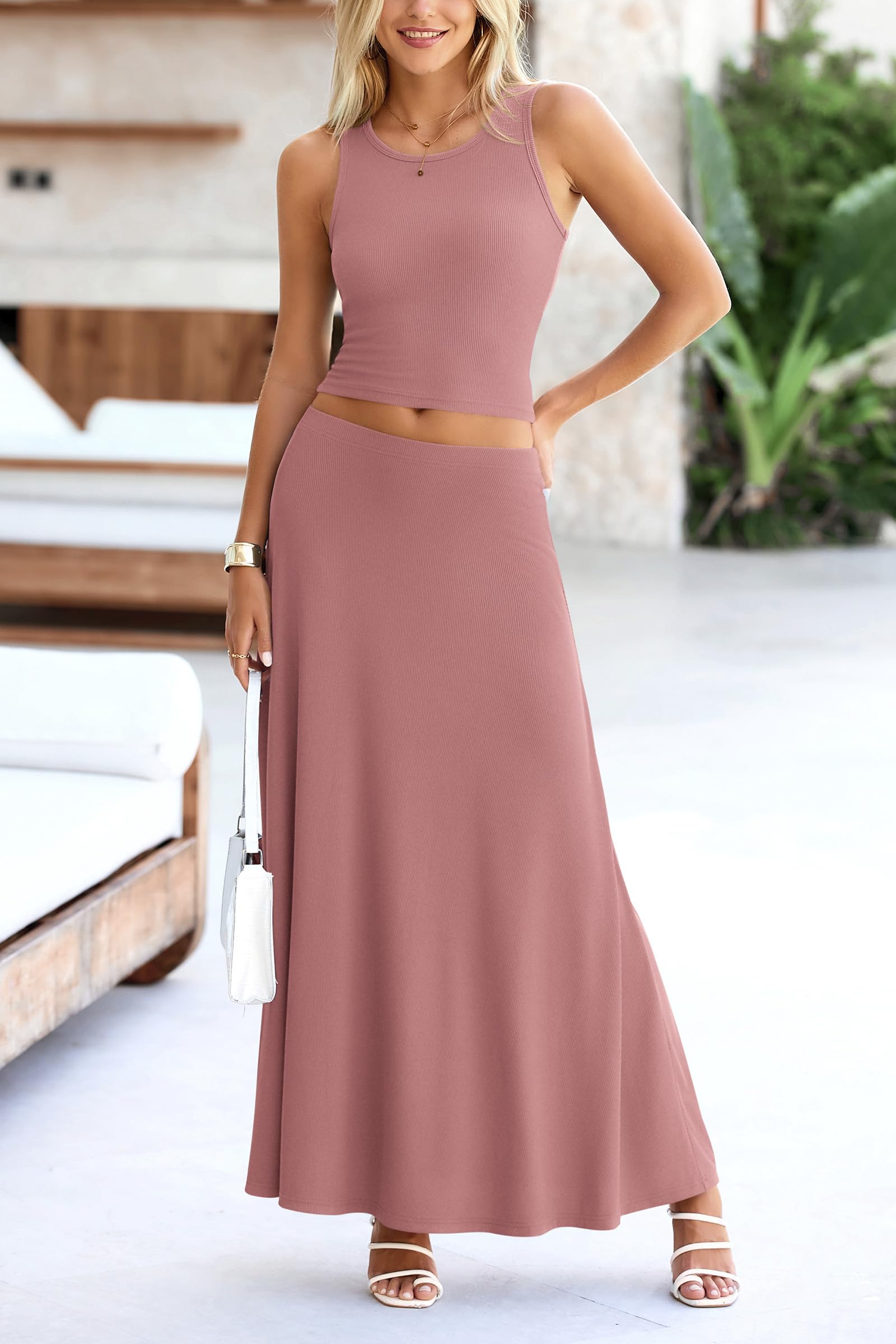 PRETTYGARDEN Women's 2 Piece Maxi Skirt Sets Casual Summer Knit Cropped Tank Top High Waisted Long Skirts Outfit