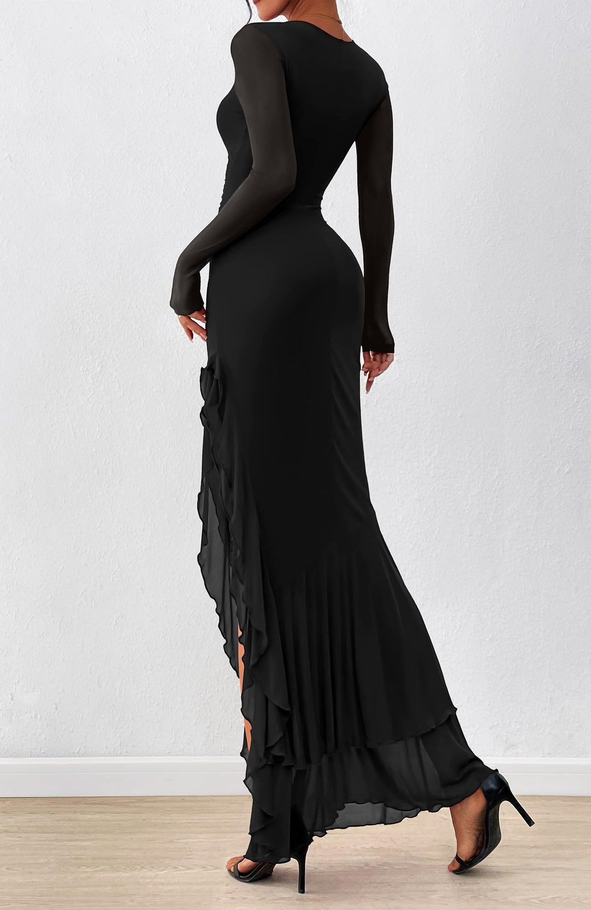 BTFBM Women's Maxi Dresses Fall Long Sleeve Wedding Guest Dress Mesh,Ruched,Bodycon,High Split,Solid Color,Ruffle, Mermaid,Cocktail Dresses,Prom,Party,Homecoming Dress,Fall Outfits