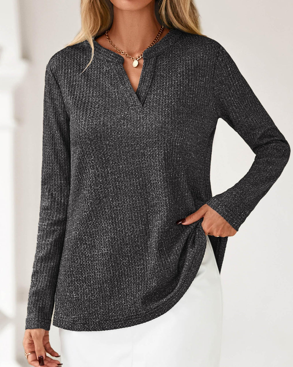 FreshPretty Waffle Knit Tops V Neck Long Sleeve Blouses for Women Dressy Casual Henley Work Shirts Spring Fall Clothes