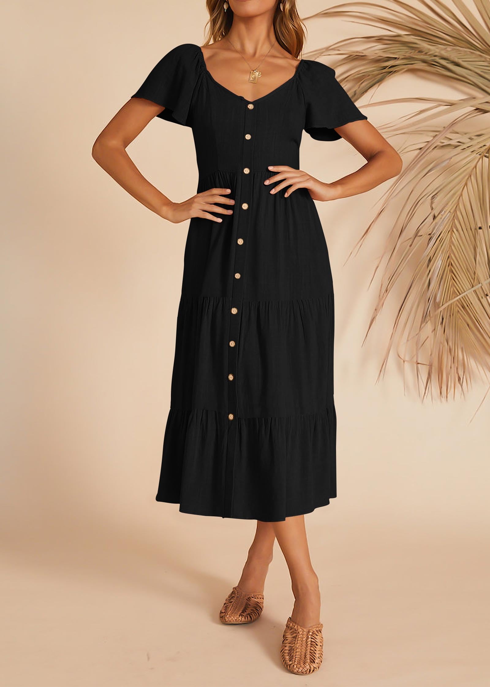 FreshPretty Women Spring Summer Casual Short Sleeve Midi Dress Button V Neck Tiered Vacation Sundress with Pockets