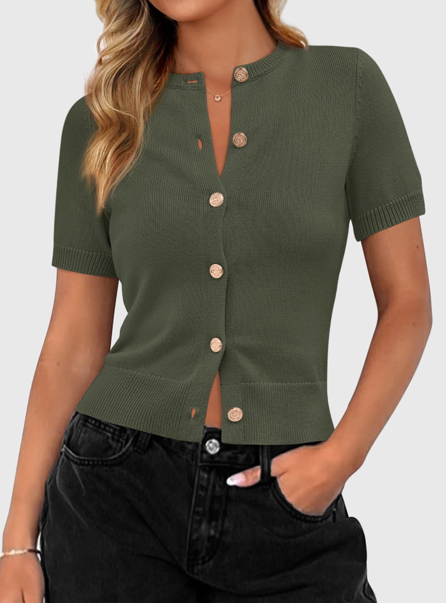 PRETTYGARDEN Womens Casual Summer Short Sleeve Cardigans Button Down Knitted Sweater Basic Crew Neck Crop Tops