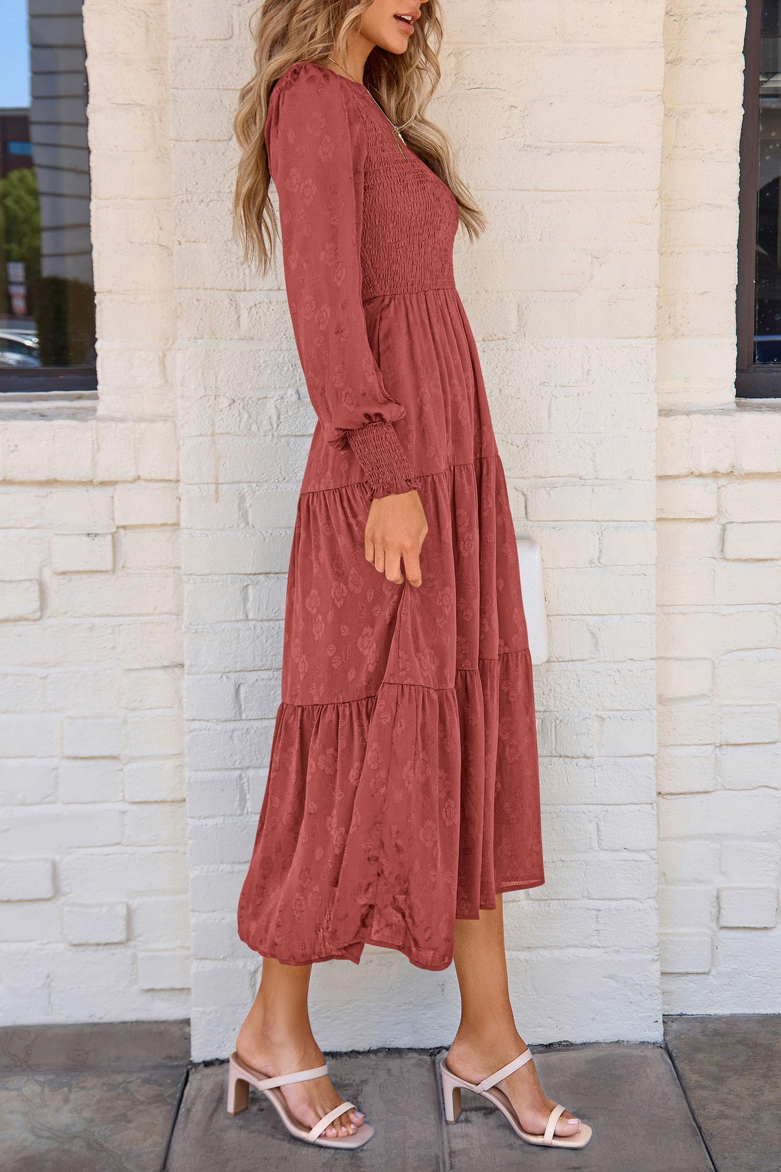 PRETTYGARDEN Women's Fall Spring Midi Dress Long Sleeve Floral Smocked Elegant Wedding Guest Long Flowy Dresses with Pockets