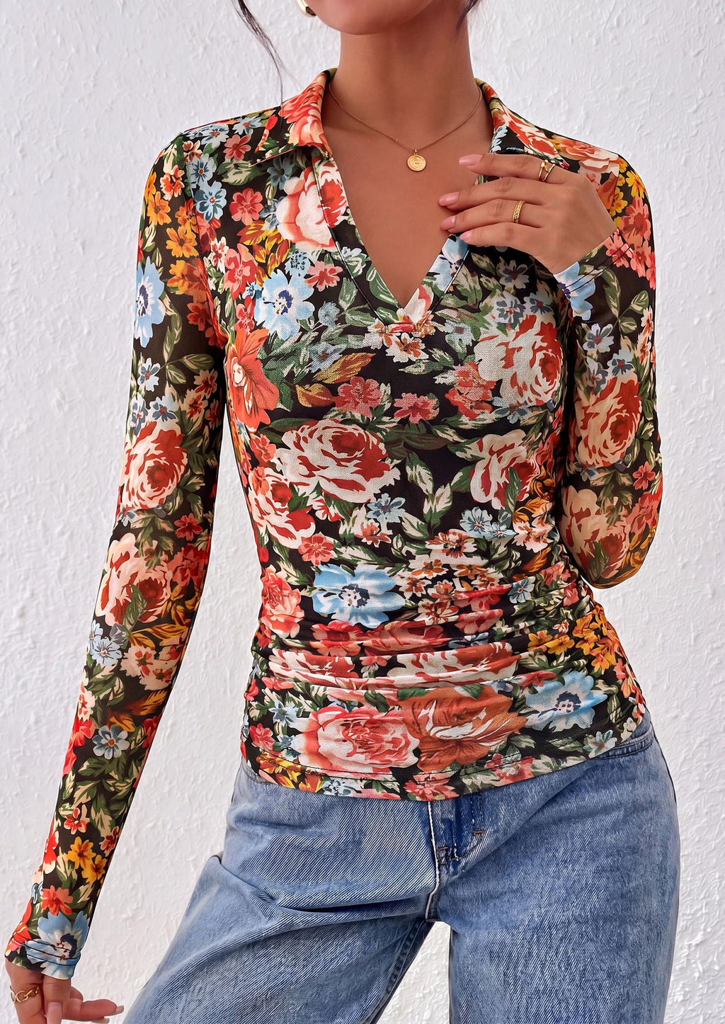 PRETTYGARDEN Women's Long Sleeve Boho Floral Mesh Tops Fall V Neck Blouses,Fitted Polo Shirts, Collared, Double Lined, Dressy Casual, Going Out Date Night Outfits, Spring Lightweight Travel Clothes