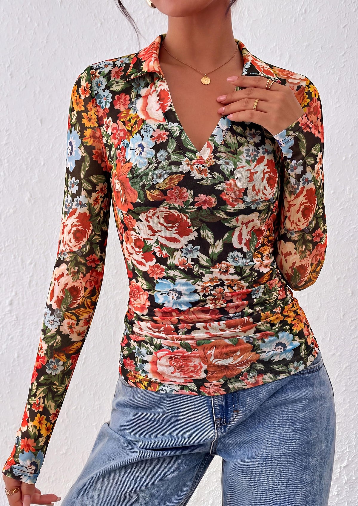 PRETTYGARDEN Women's Long Sleeve Boho Floral Mesh Tops Fall V Neck Blouses,Fitted Polo Shirts, Collared, Double Lined, Dressy Casual, Going Out Date Night Outfits, Spring Lightweight Travel Clothes