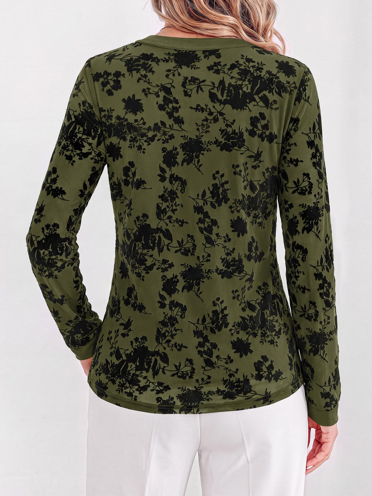 BTFBM Womens Tops Floral Sheer Mesh Long Sleeve Blouses Dressy Casual V Neck Flocked Mesh Shirts,Velvet-Like Flowers,Double Layered,Loose Fit Tunics,Business Casual Top,Fall Fashion Clothing